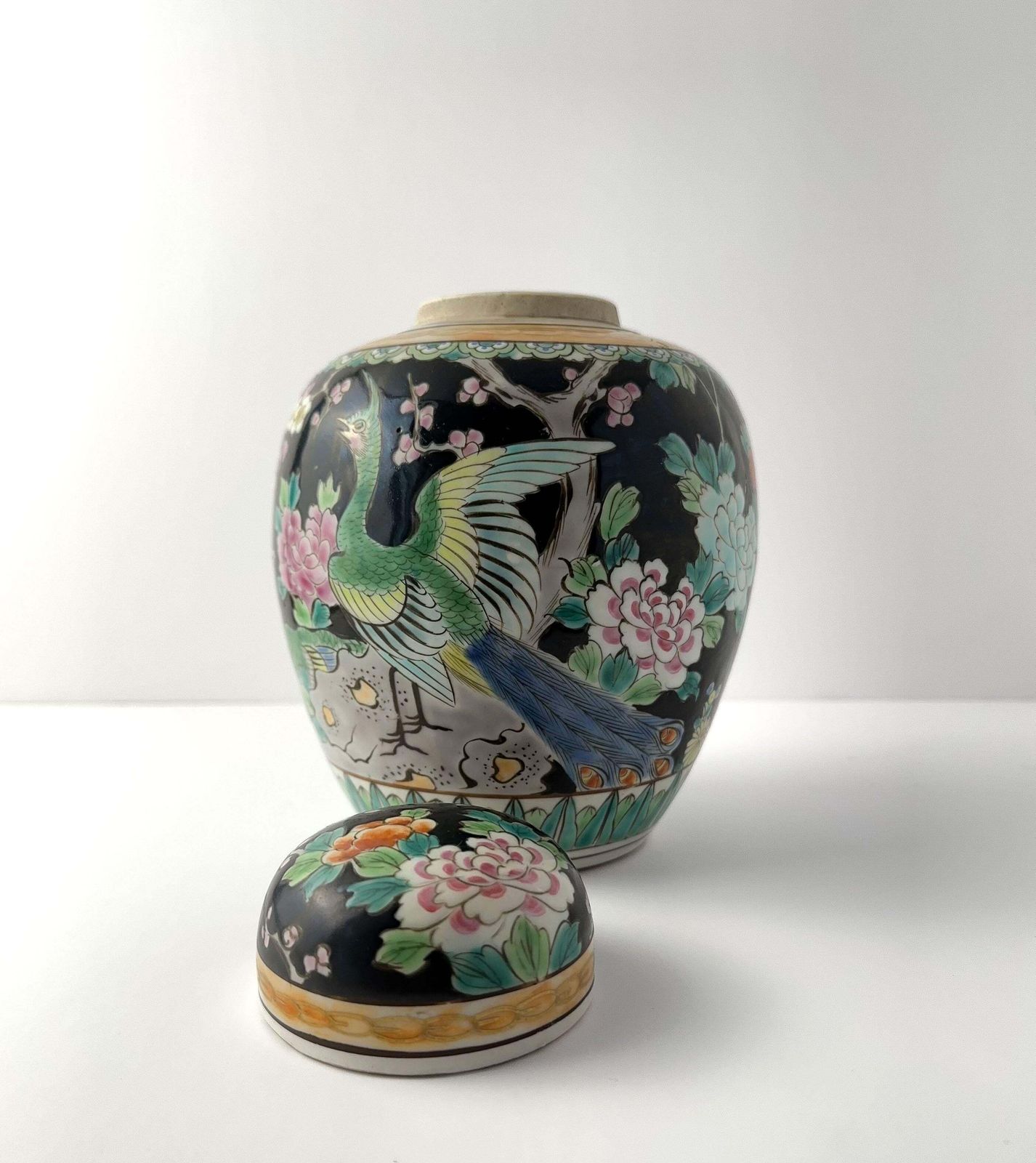Japanese Black Polychromed Porcelain Ginger Jar By Yamatoku Meiji Era photo vintage