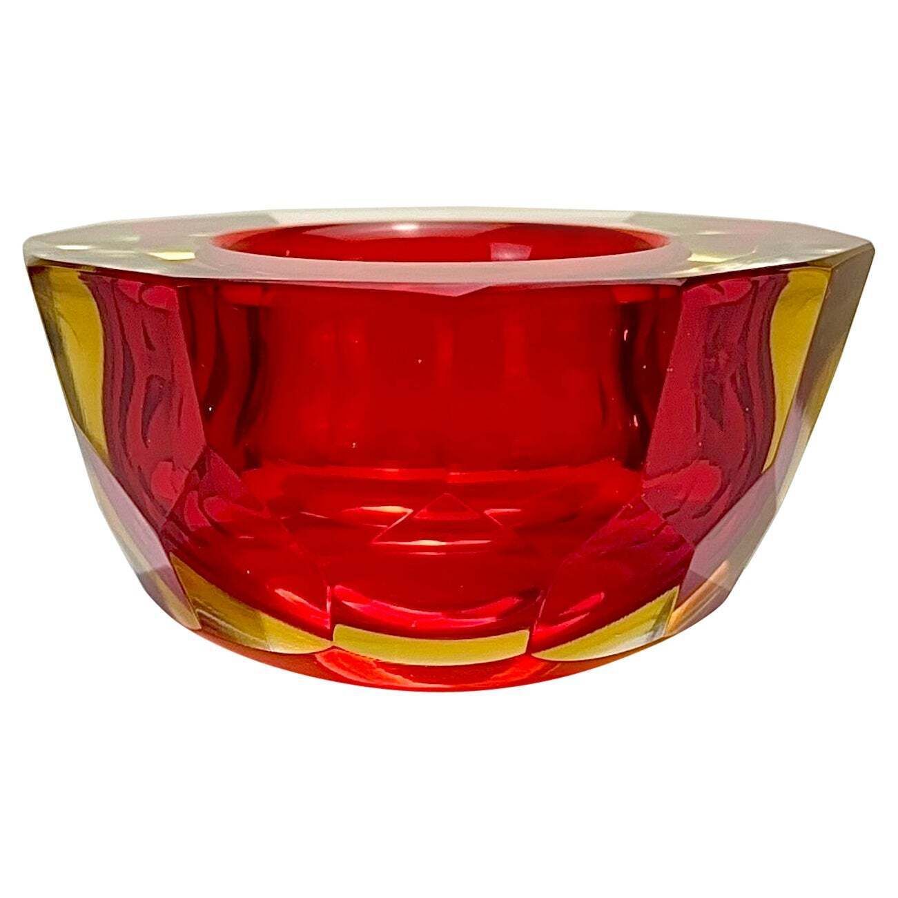 Murano Glass Red And Yellow Faceted Sommerso Geode Bowl