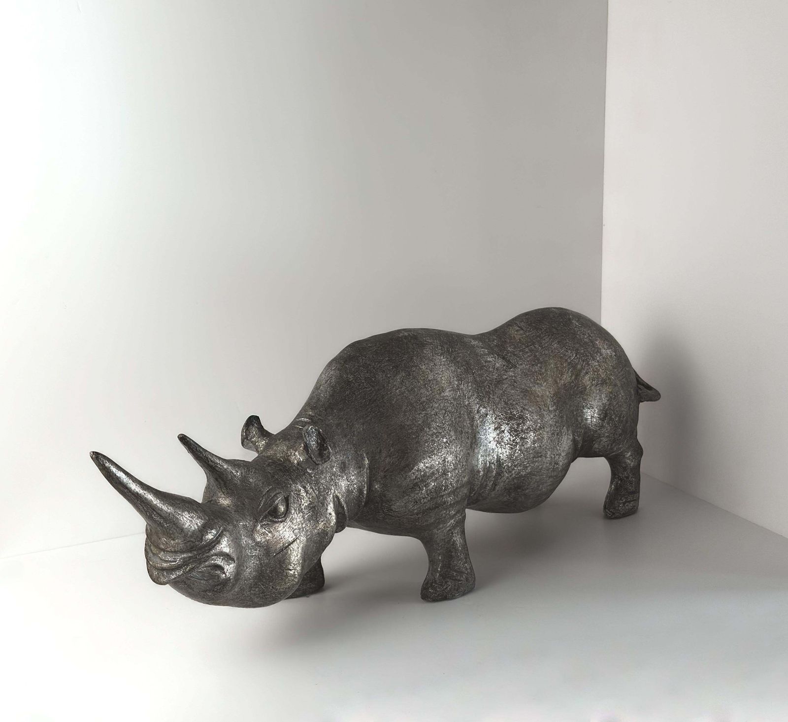 Decorative Rhino Sculpture, Platinum Toned Metallic Finish C 1980s photo 305.0