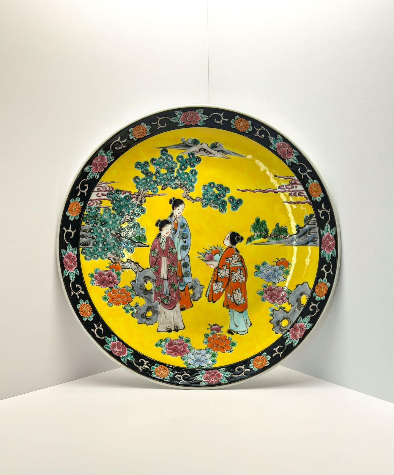 Japanese Yellow And Black Chinoiserie Style Porcelain Charger Plate 1930s photo for sale