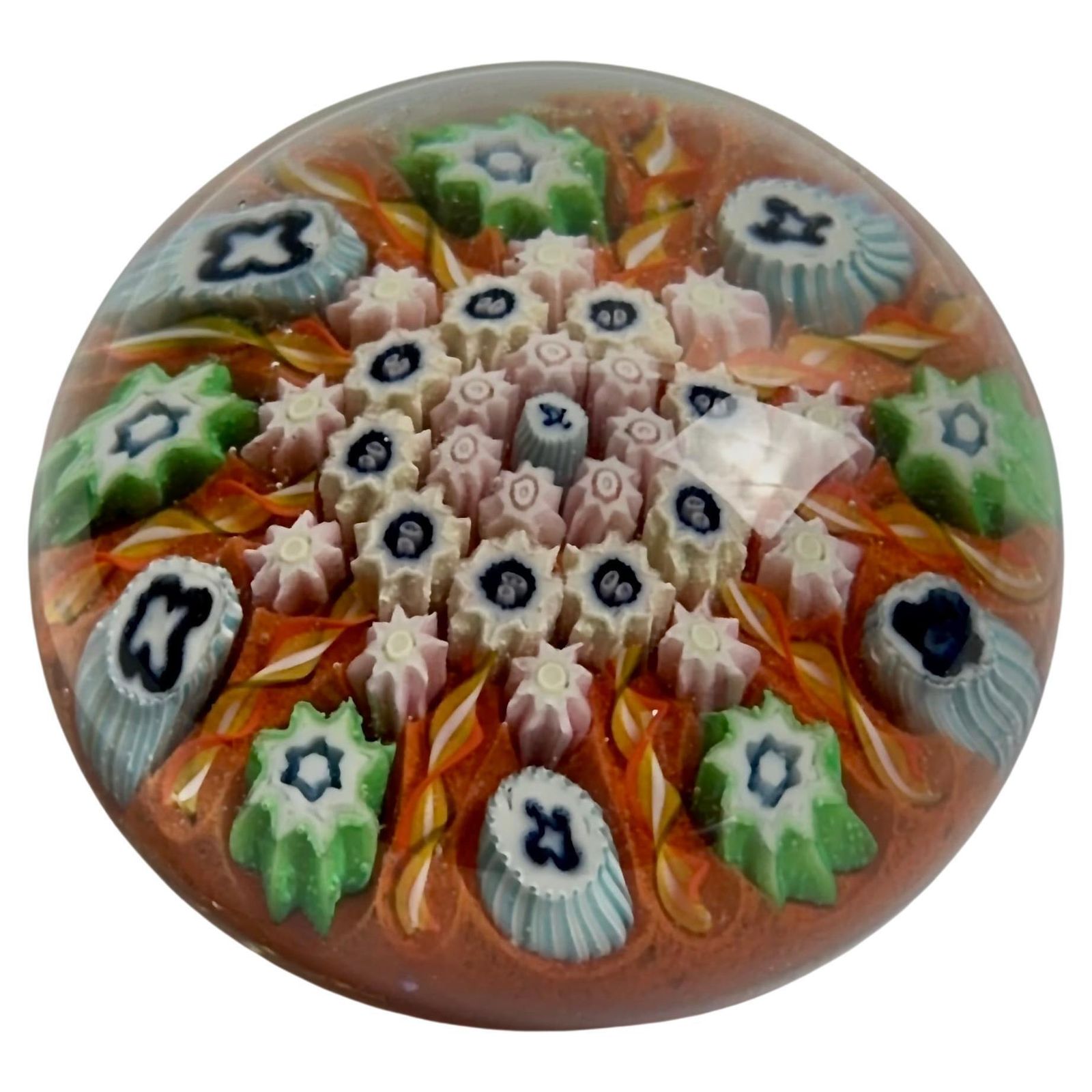 Millefiori Glass Paperweight Orange Green Blue, Vasart, Scotland C.1960s