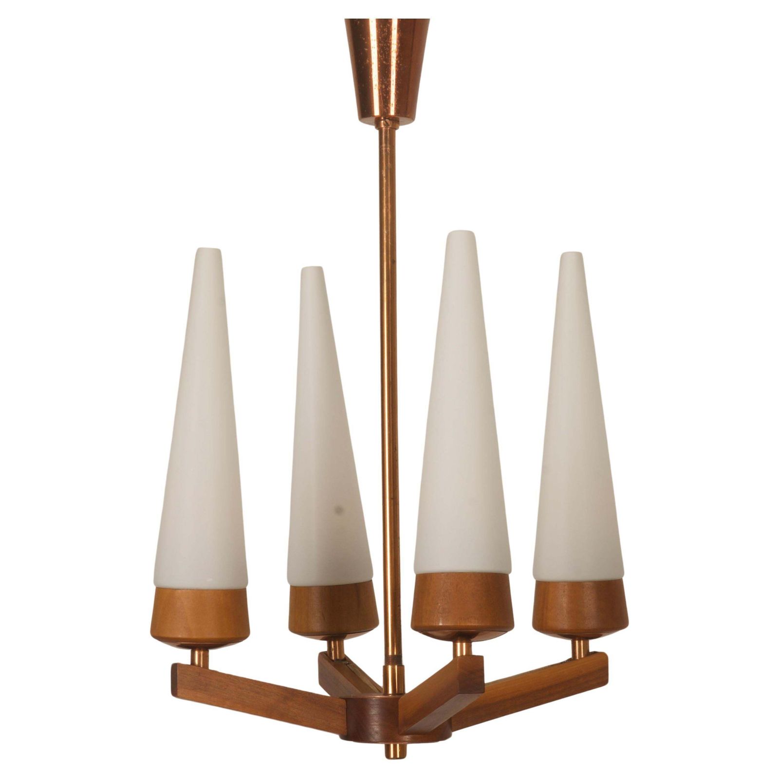 Mid Century Walnut Brass Copper Chandelier By Rupert Nikoll
