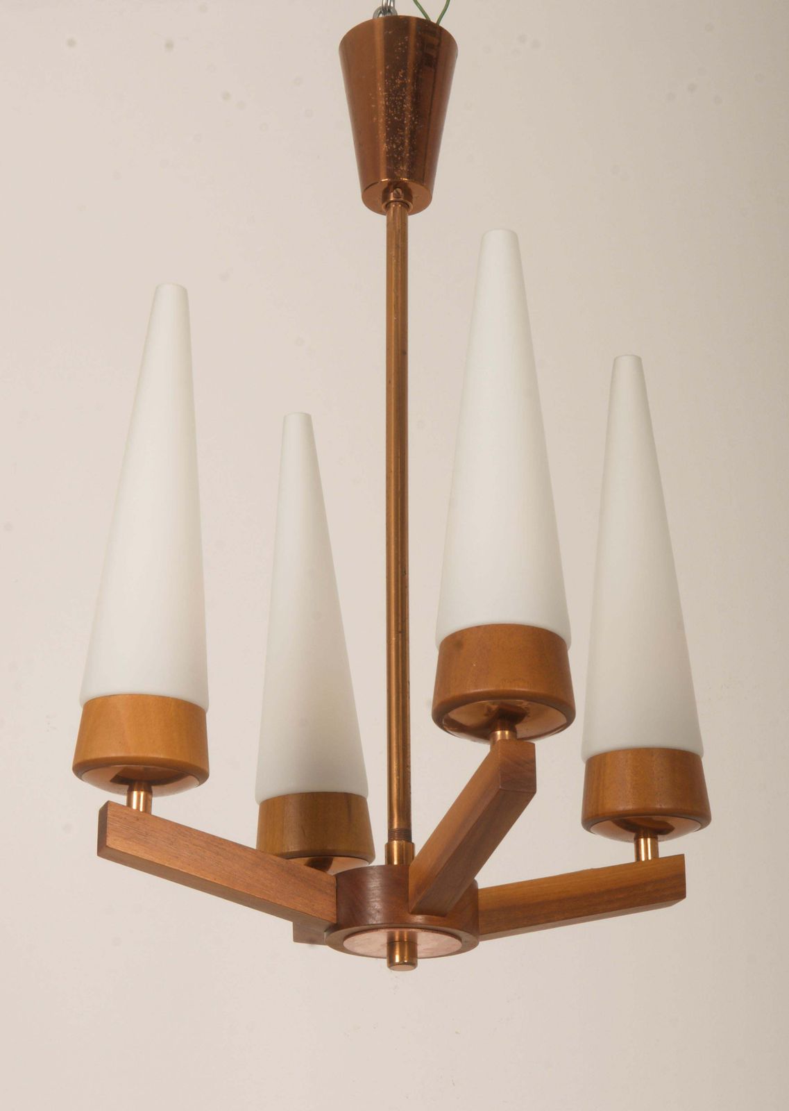 Mid Century Walnut Brass Copper Chandelier By Rupert Nikoll photo for sale
