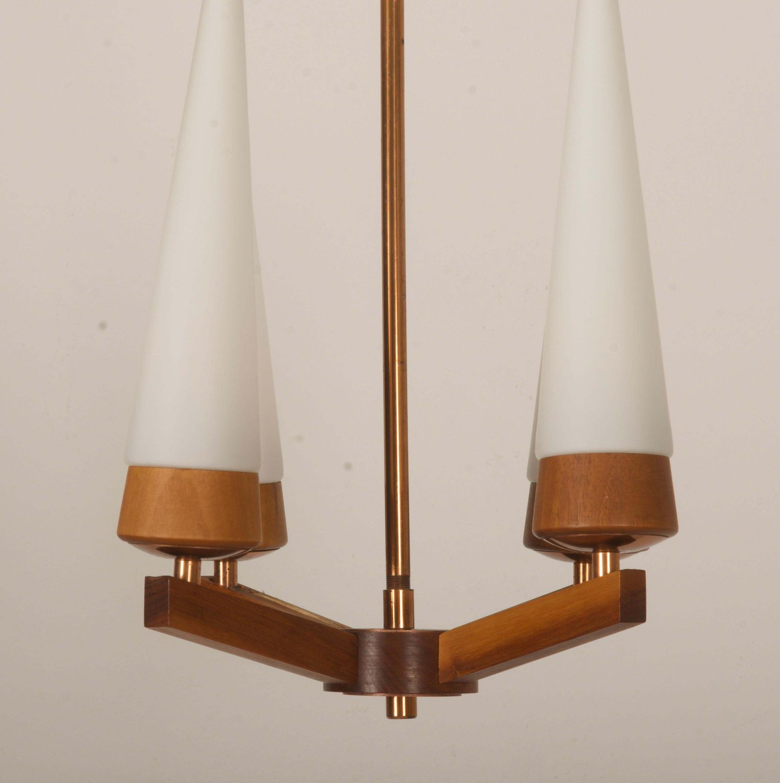 Mid Century Walnut Brass Copper Chandelier By Rupert Nikoll photo vintage