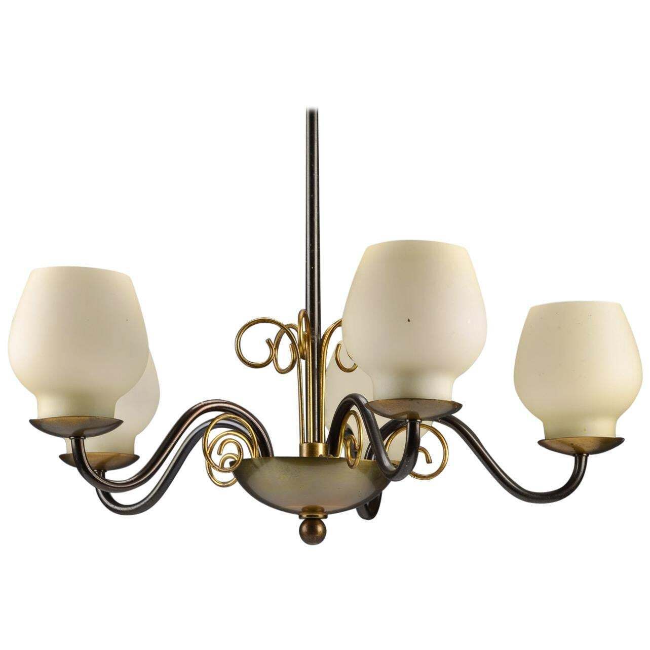 Messing Kroonluchter Met Opaline Glazen Kappen Van Bent Karlby Voor Lyfa
