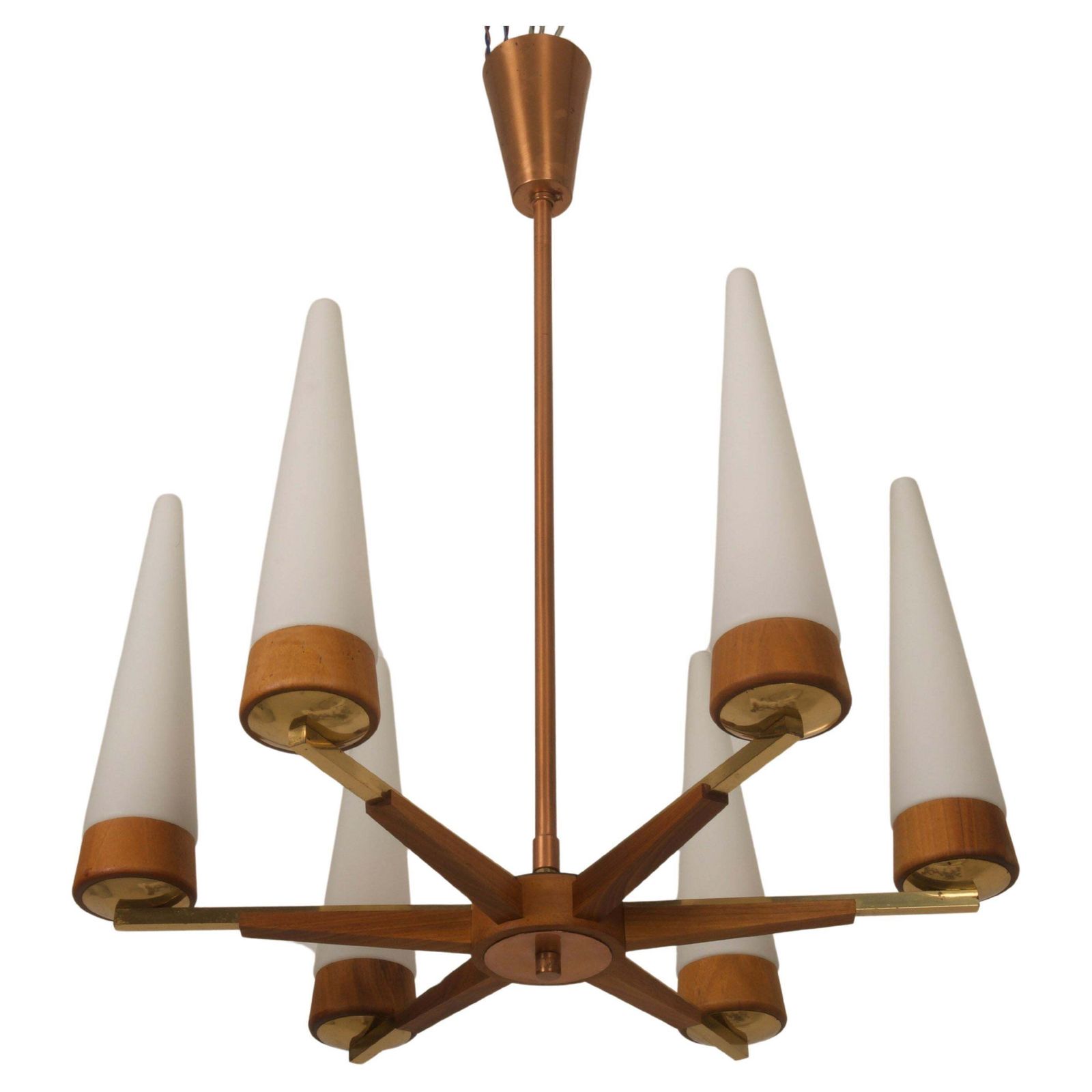 Mid Century Walnut Brass Copper Chandelier By Rupert Nikoll