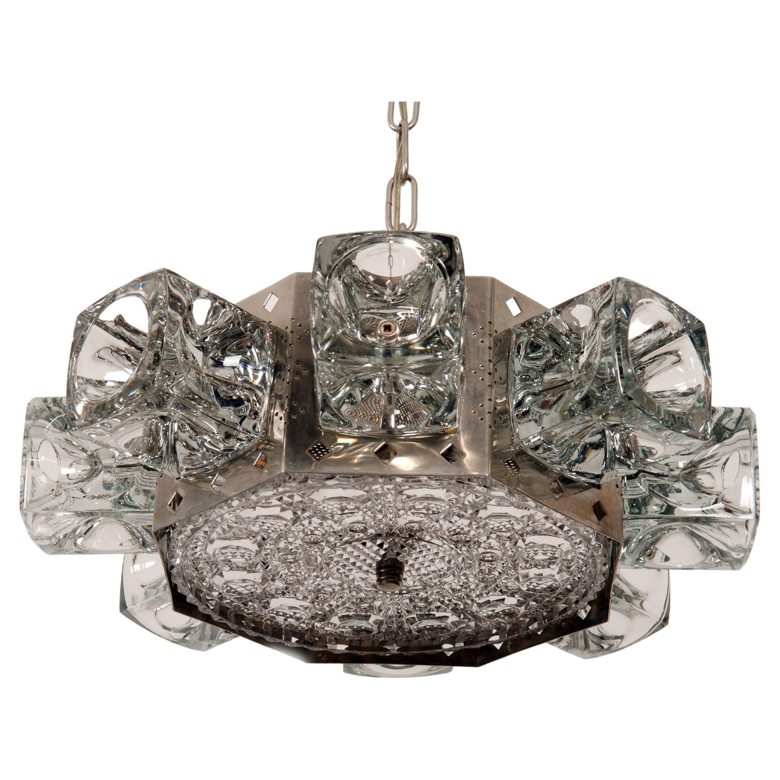 Danish Midcentury Glass, Brass Chandelier By Vitrika