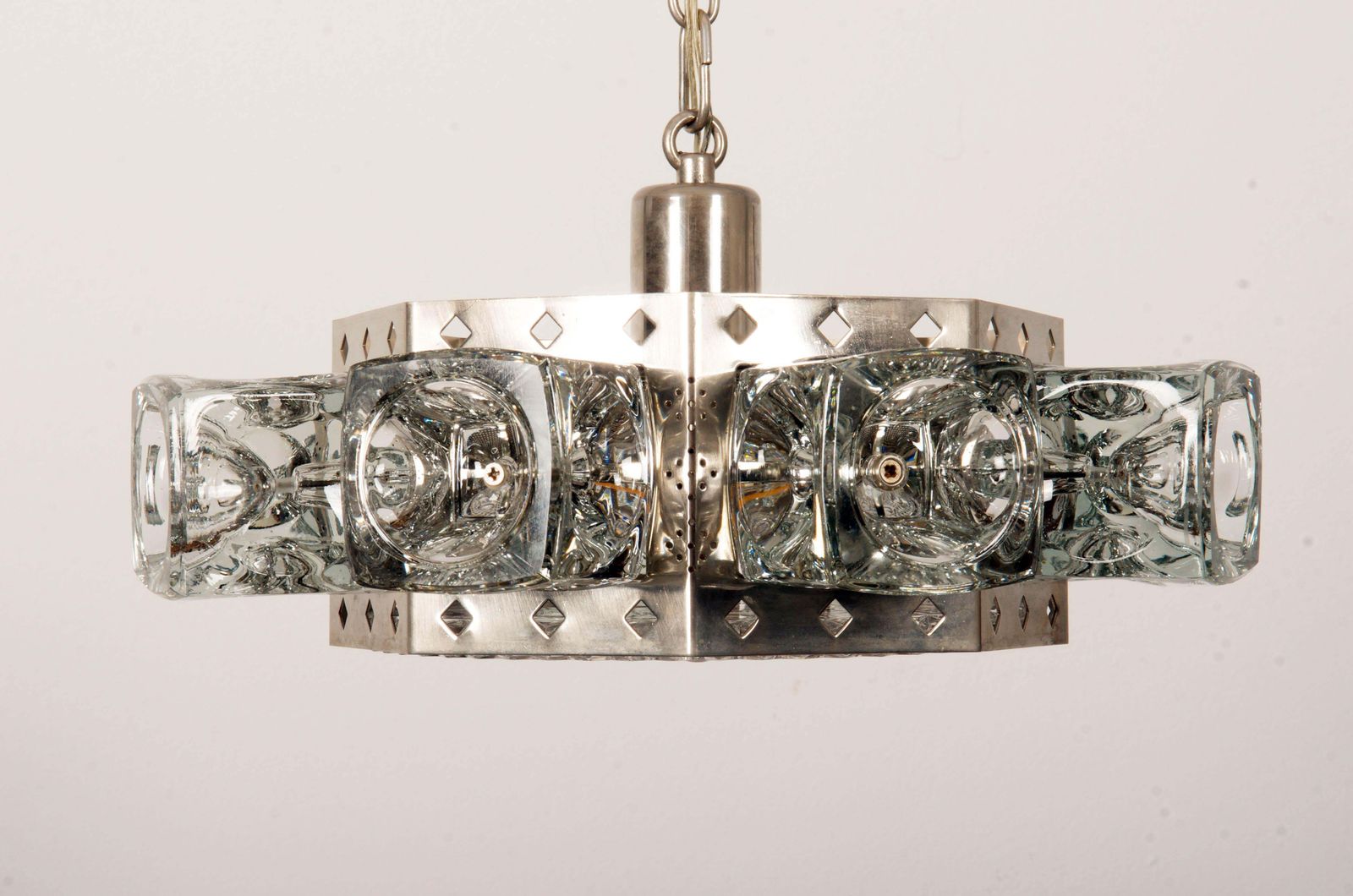 photo for sale Danish Midcentury Glass, Brass Chandelier By Vitrika