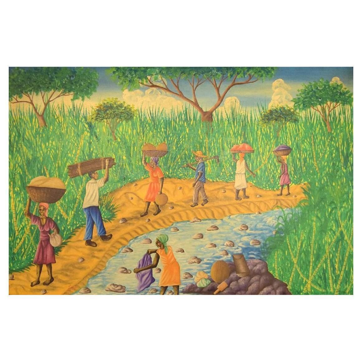 Emile, Haitian Artist, Naivist School, Oil On Canvas, 1970s, Local Workers