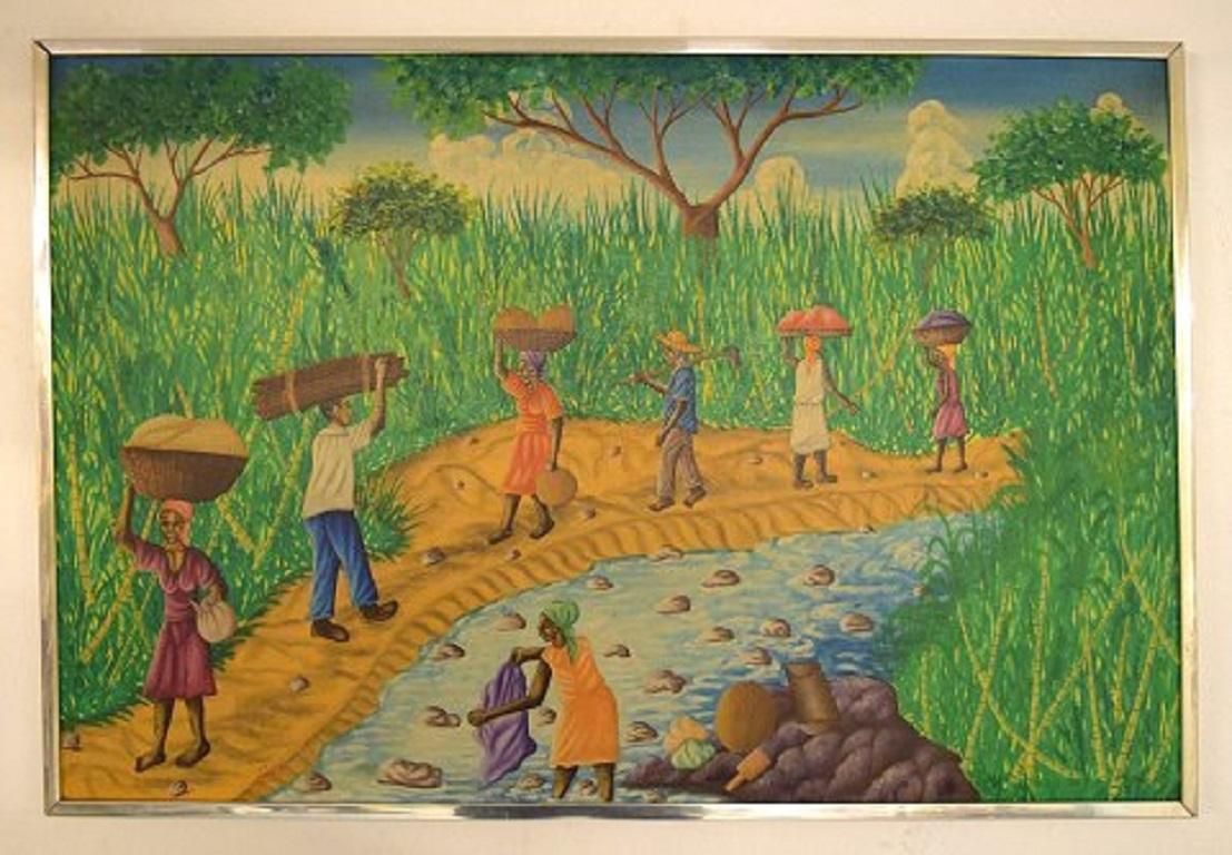Emile, Haitian Artist, Naivist School, Oil On Canvas, 1970s, Local Workers photo furniture