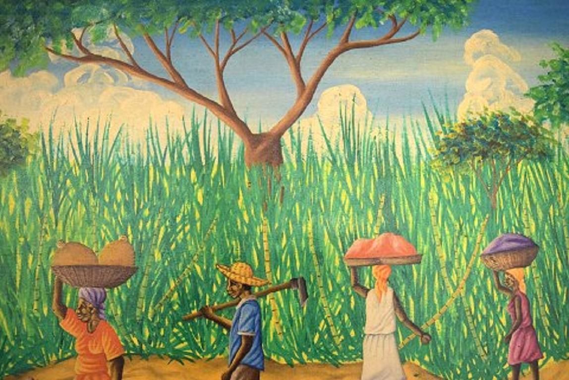 Emile, Haitian Artist, Naivist School, Oil On Canvas, 1970s, Local Workers photo vinterior