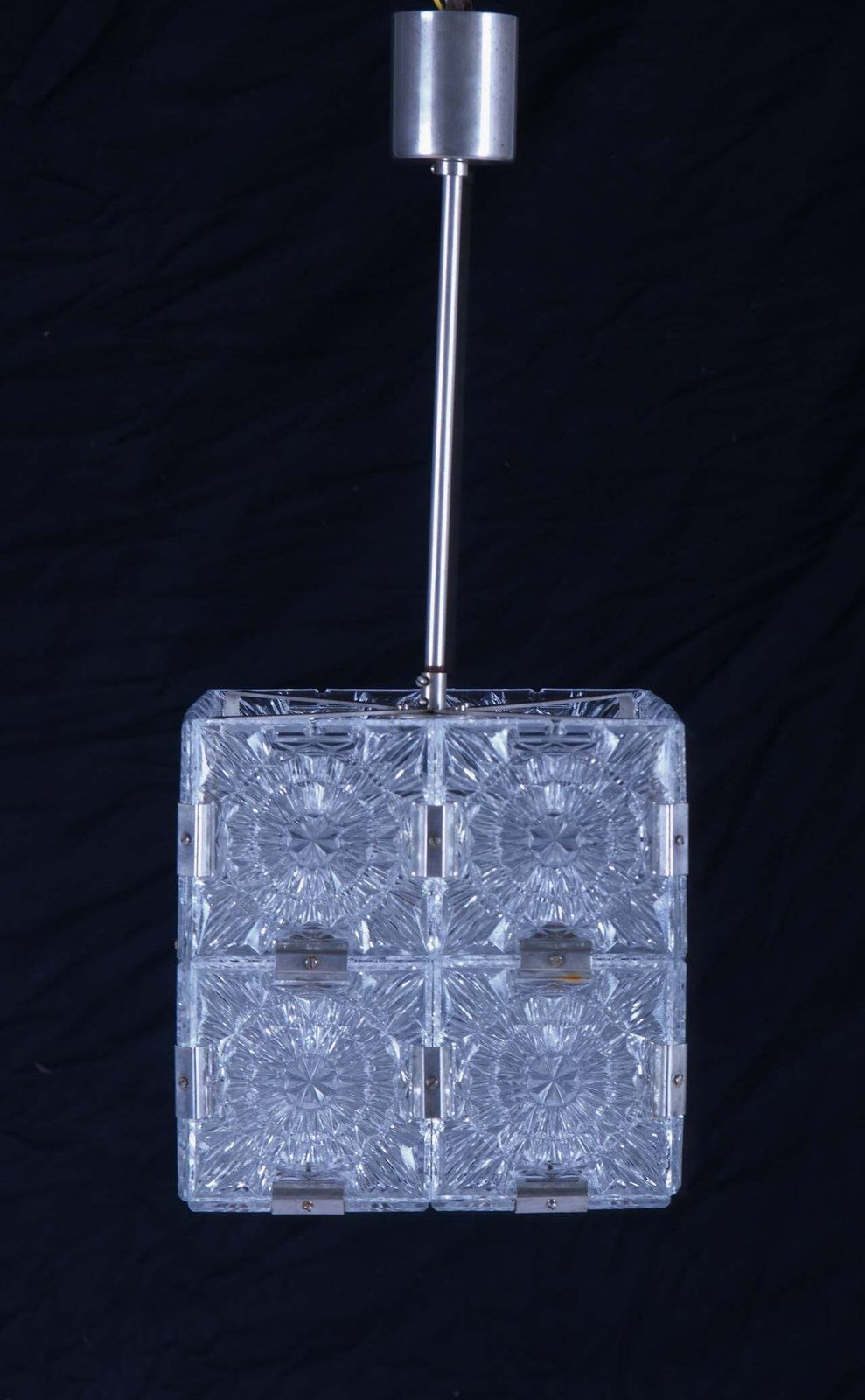 Mid Century Cube Form Pendant Ceiling Fixture Featuring Etched Glass By Kalmar photo furniture