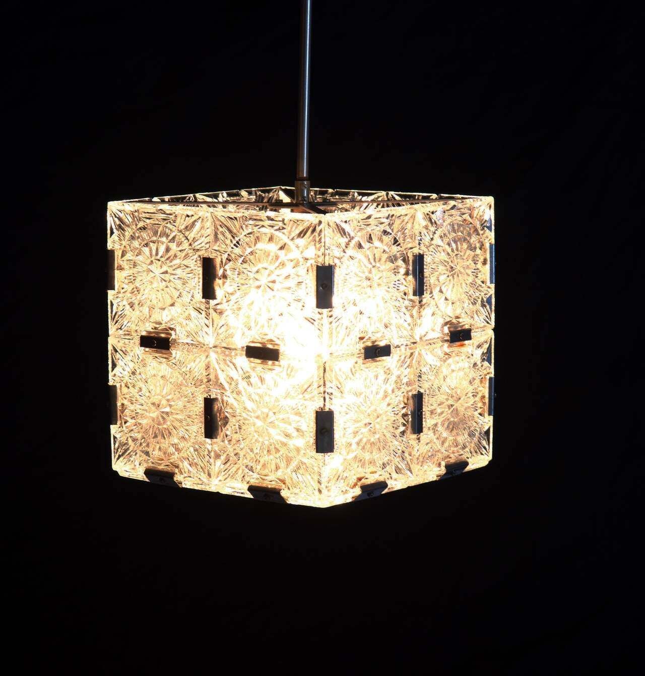 Mid Century Cube Form Pendant Ceiling Fixture Featuring Etched Glass By Kalmar photo 1514.0