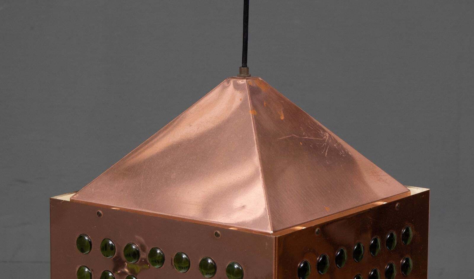 Vierkante Koperen Hanglamp Met Groen Glas – Hans Agne Jakobsson, Ed. Markaryd, Ca. Jaren 1960 photo for sale