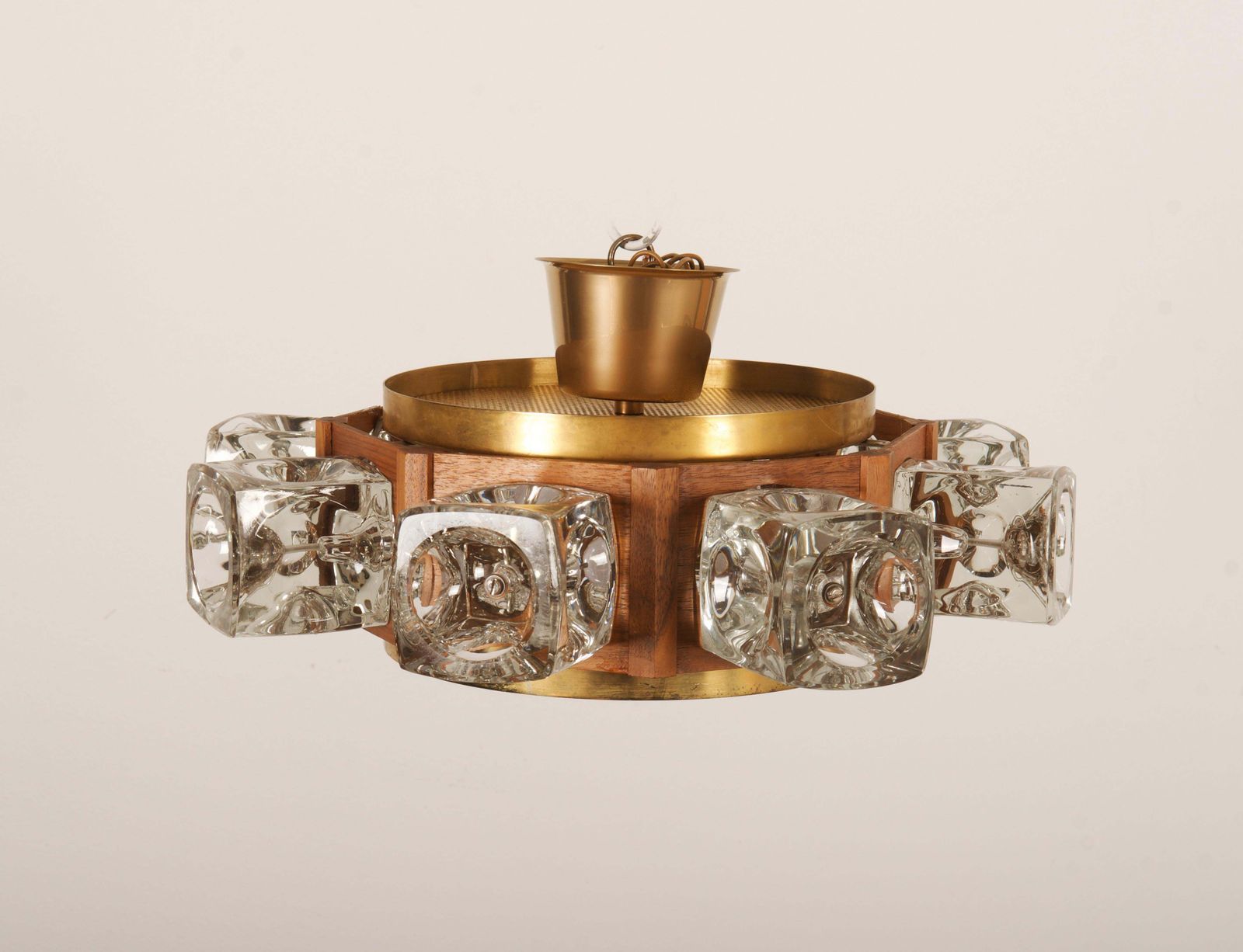 Danish Midcentury Glass, Brass Chandelier By Vitrika photo vintage