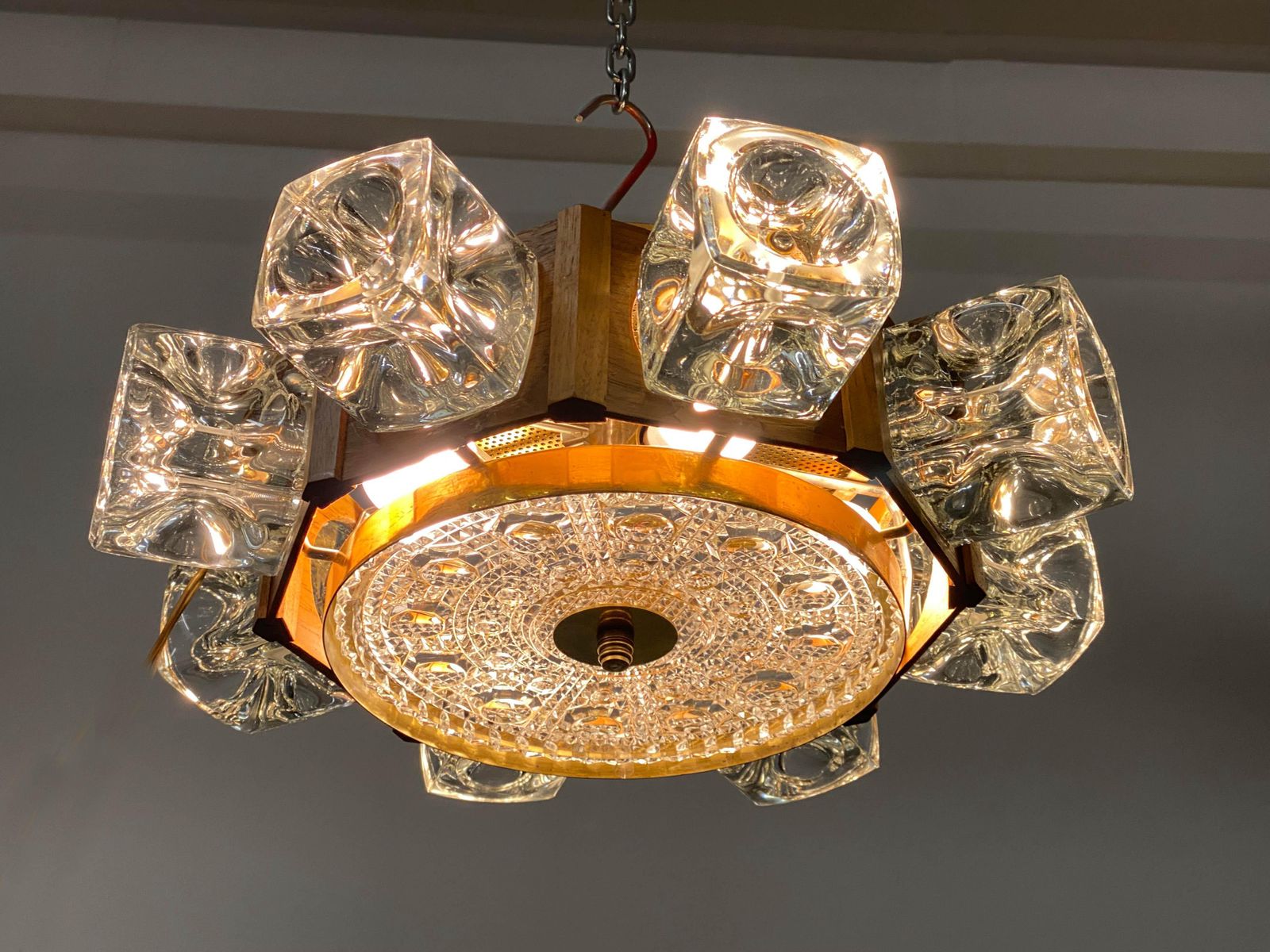 photo for sale Danish Midcentury Glass, Brass Chandelier By Vitrika