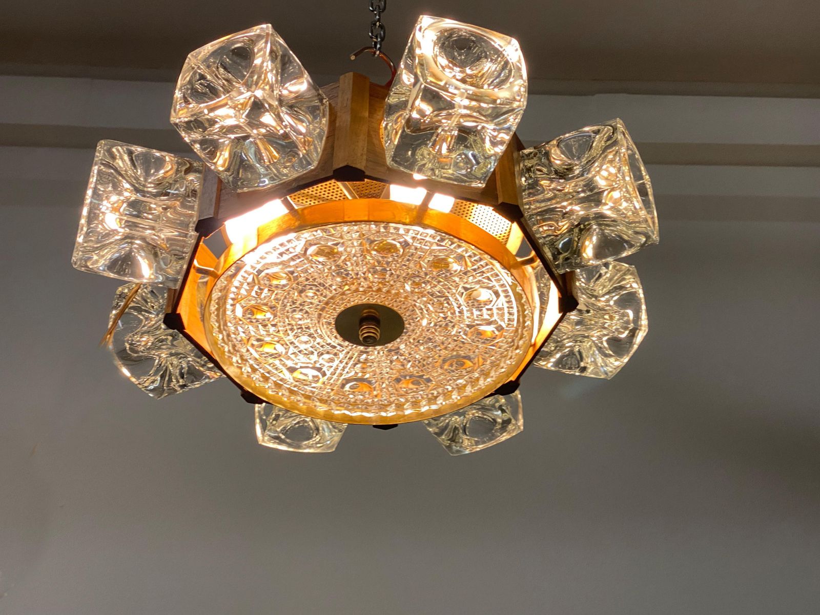 1460.0 Danish Midcentury Glass, Brass Chandelier By Vitrika photo