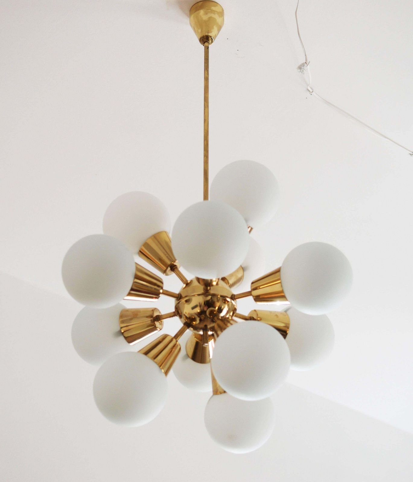 Sputnik Brass Chandelier With 12 Opaline Glass Shades photo furniture