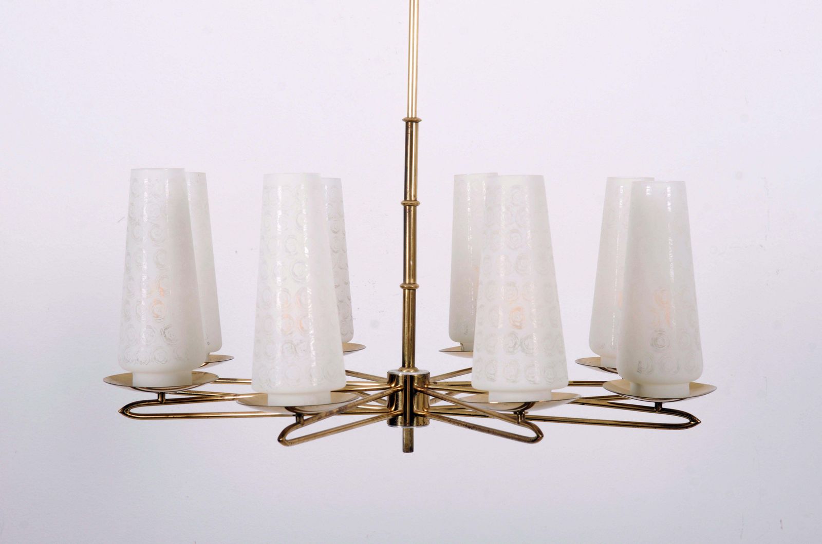 Midcentury Brass Opaline Glass Chandelier By Rupert Nikoll photo for sale