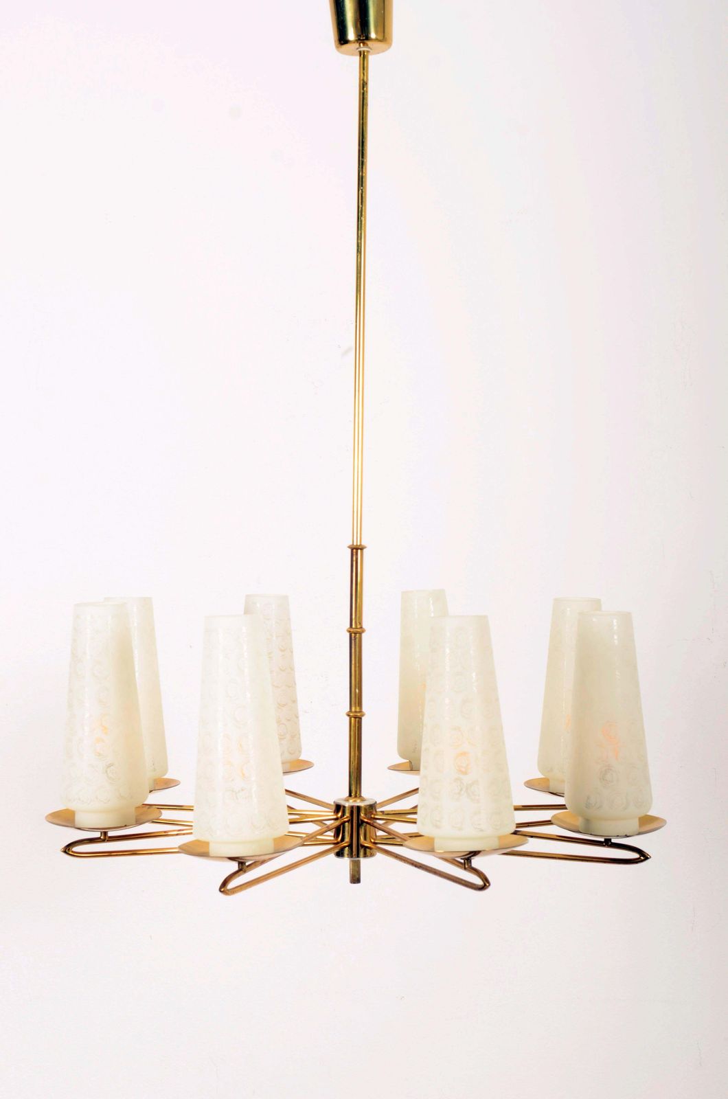 photo furniture Midcentury Brass Opaline Glass Chandelier By Rupert Nikoll