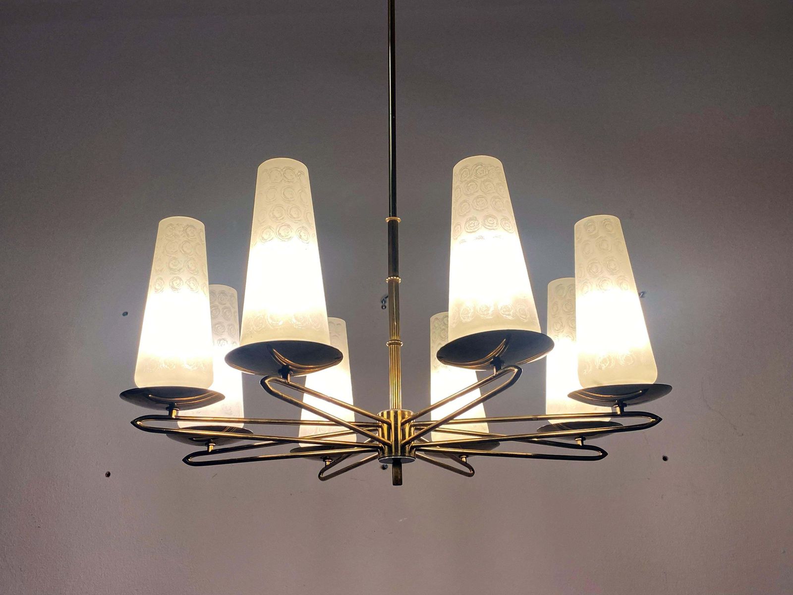 1846.0 Midcentury Brass Opaline Glass Chandelier By Rupert Nikoll photo
