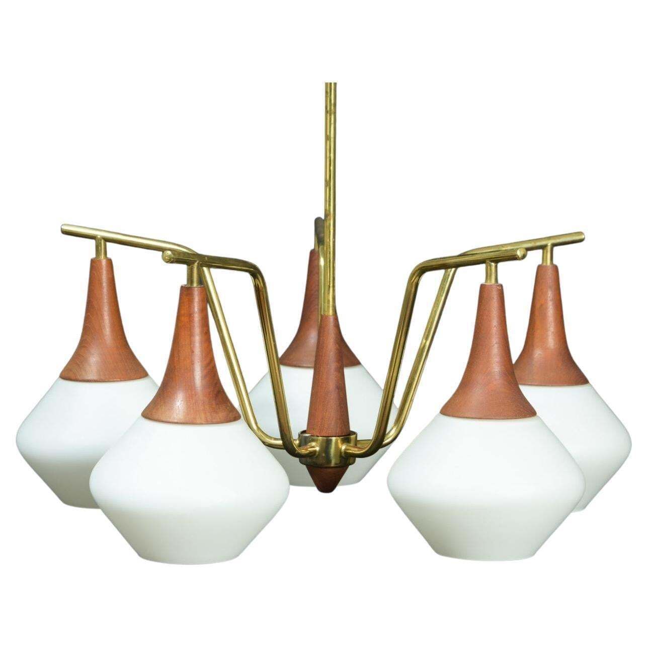 Brass/Teak Midcentury Chandelier With Opaline Glass Shades