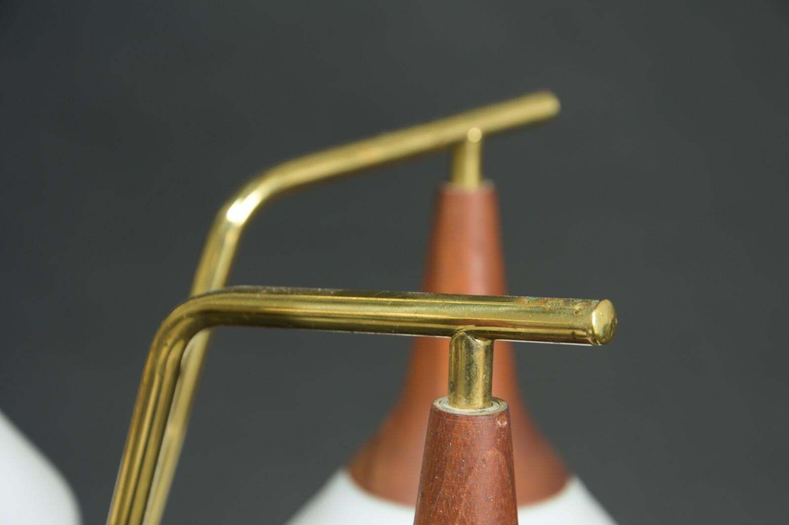 Brass/Teak Midcentury Chandelier With Opaline Glass Shades photo Lighting