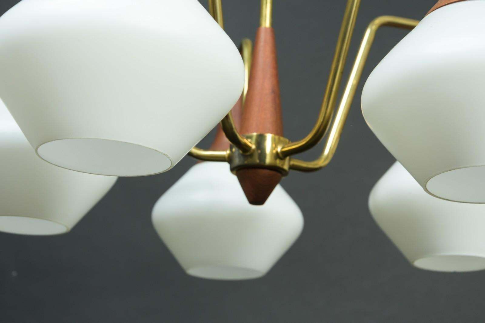 Brass/Teak Midcentury Chandelier With Opaline Glass Shades photo 1846.0