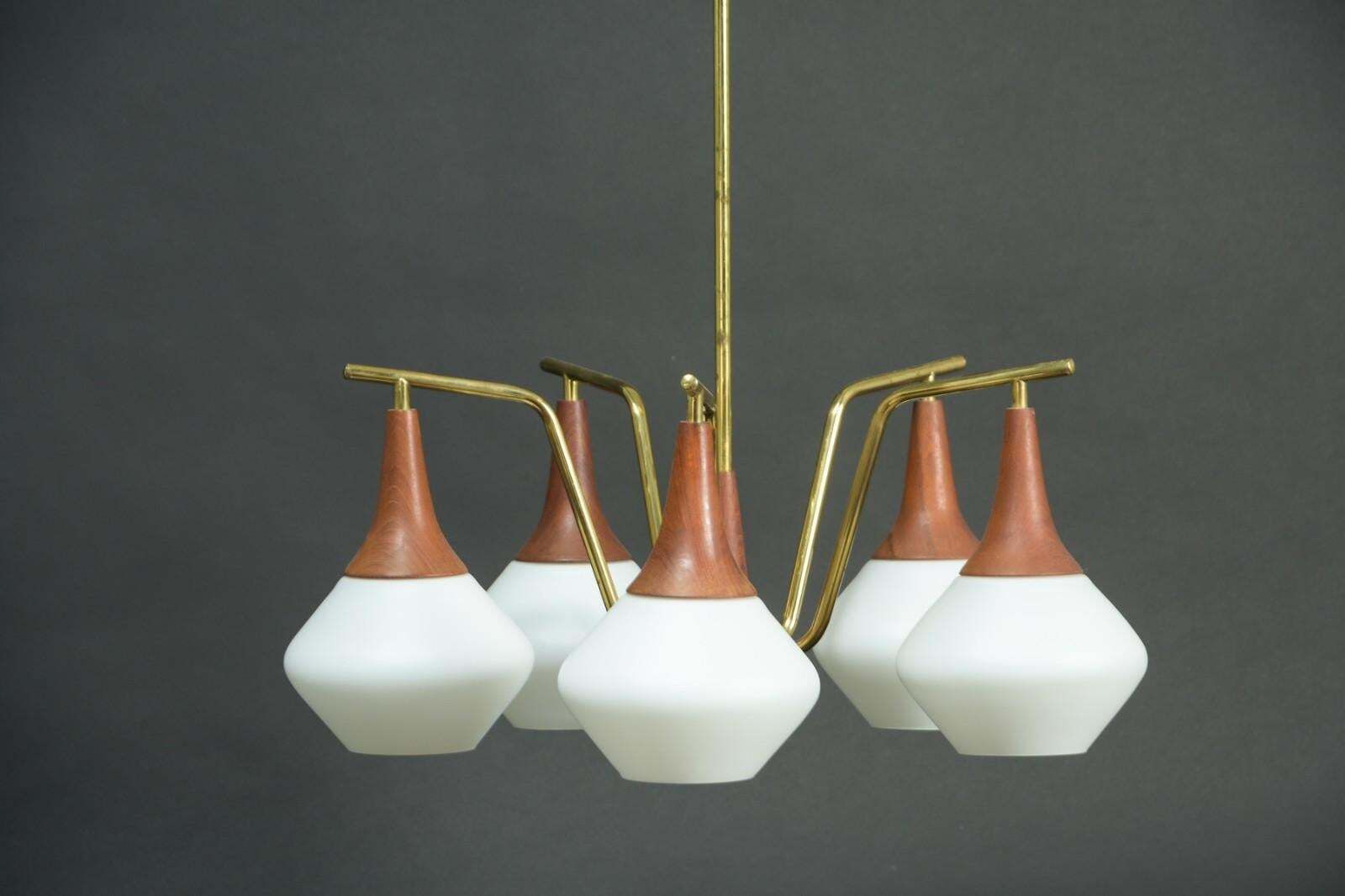 Brass/Teak Midcentury Chandelier With Opaline Glass Shades photo vinterior