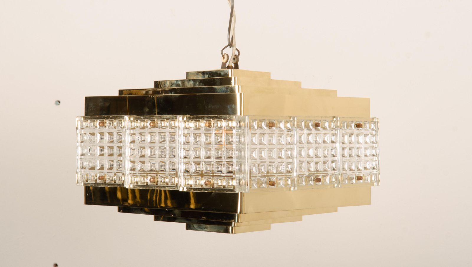 photo for sale Brass And Glass Chandelier By Orrefors From The 1960s