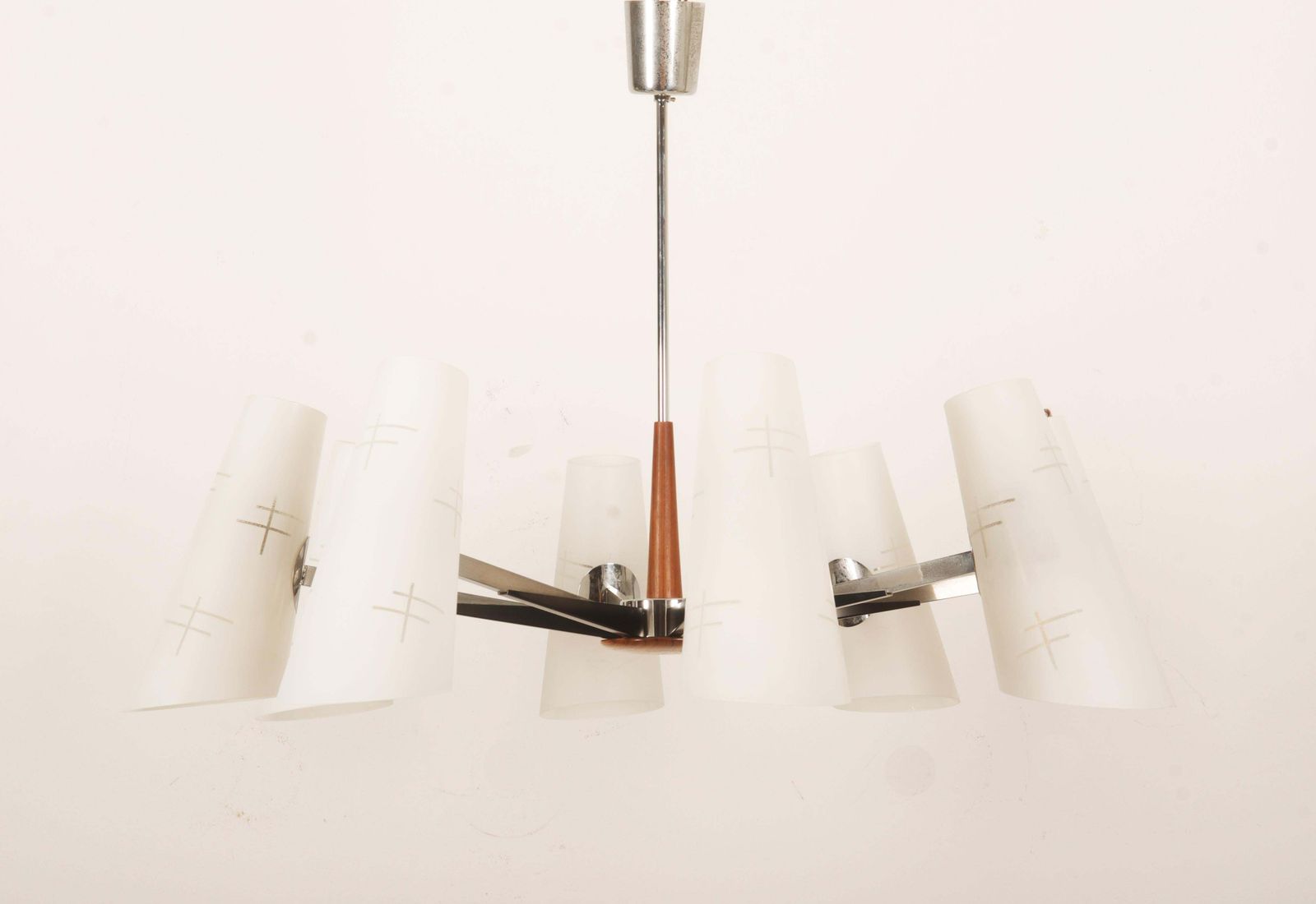 Midcentury Chromed Opaline Glass Chandelier By Rupert Nikoll photo Lighting