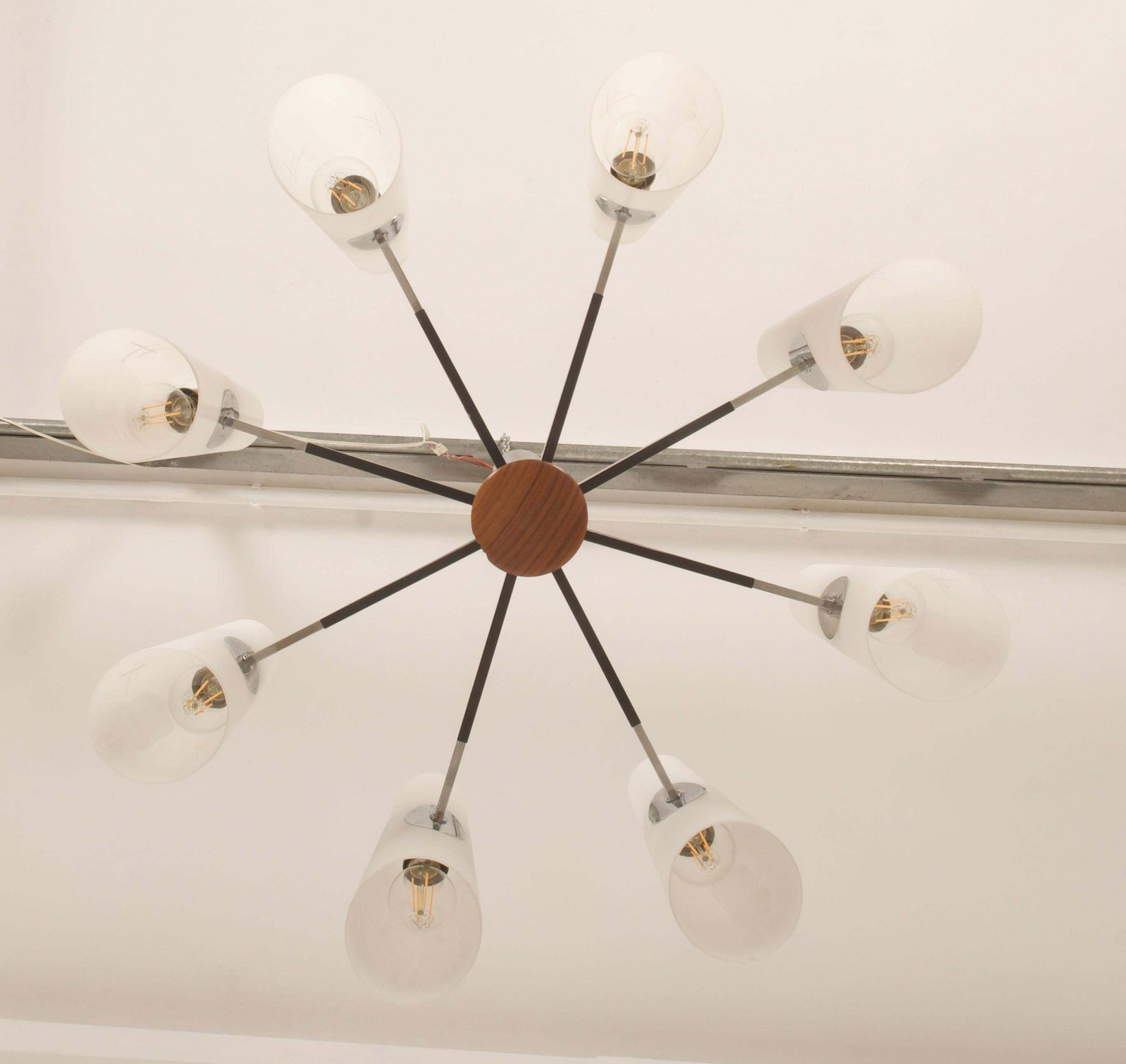 Lighting Midcentury Chromed Opaline Glass Chandelier By Rupert Nikoll photo