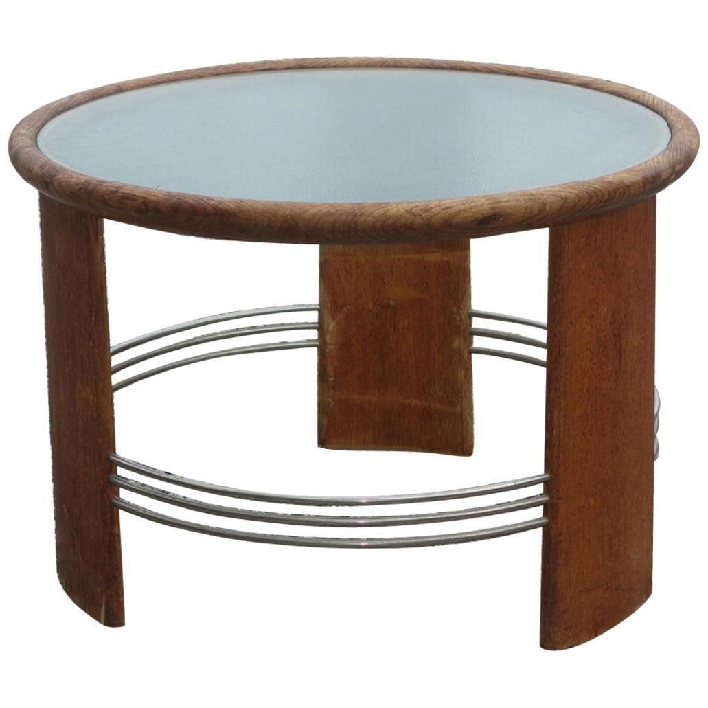 Danish Cabinetmaker Circular Art Deco Coffee Table Of Oak With Metal Rails
