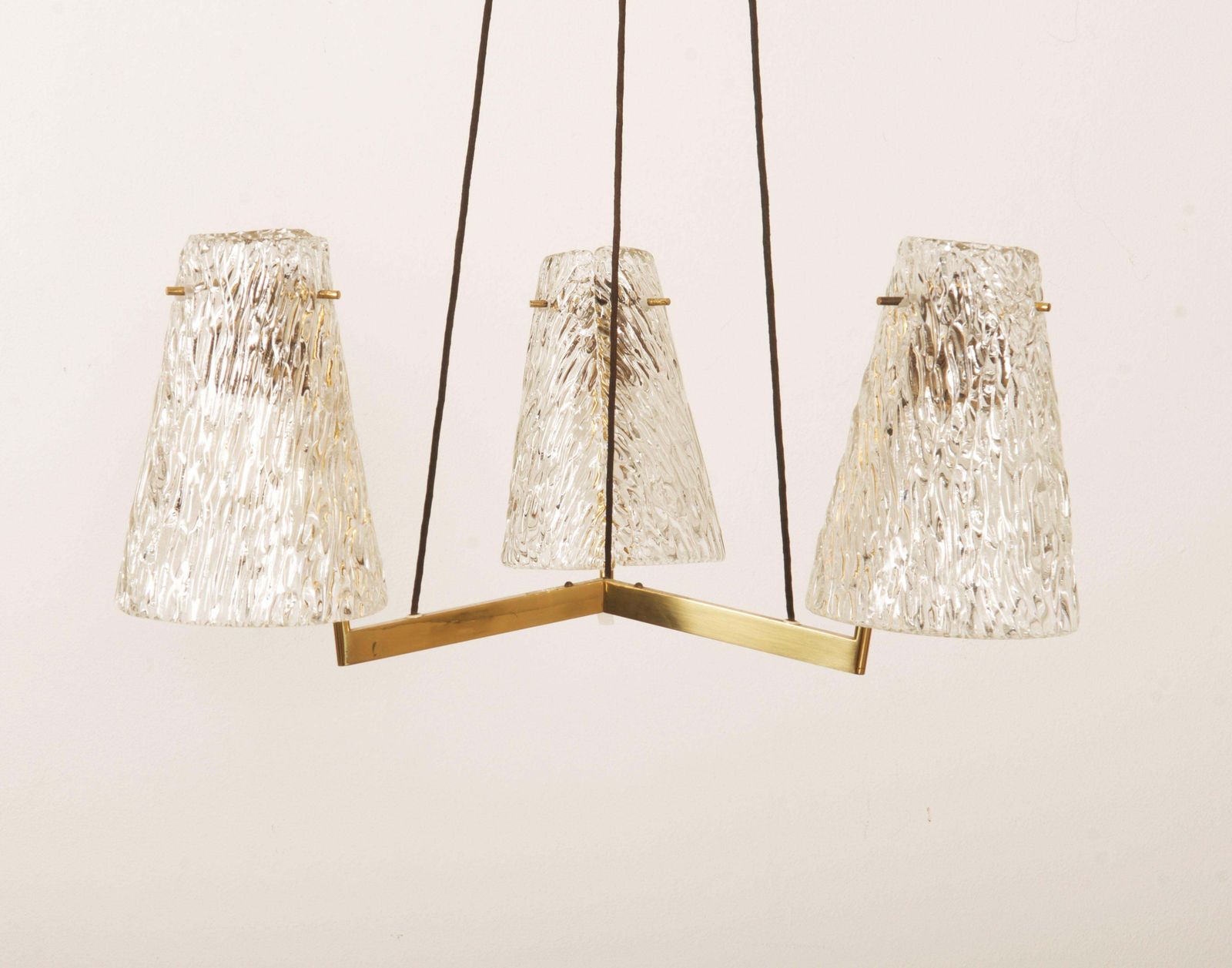 Brass Chandelier With Textured Glass By J. T. Kalmar photo for sale