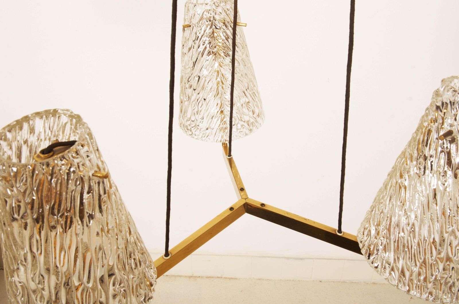 Brass Chandelier With Textured Glass By J. T. Kalmar photo Lighting