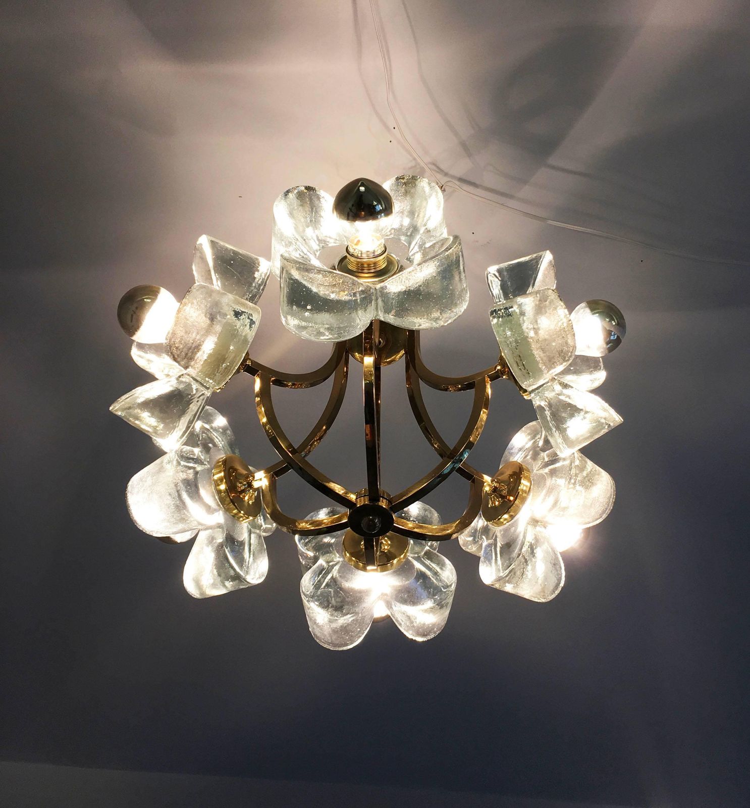 Mid Century Glass And Brass Chandelier By Simon And Schelle photo vintage