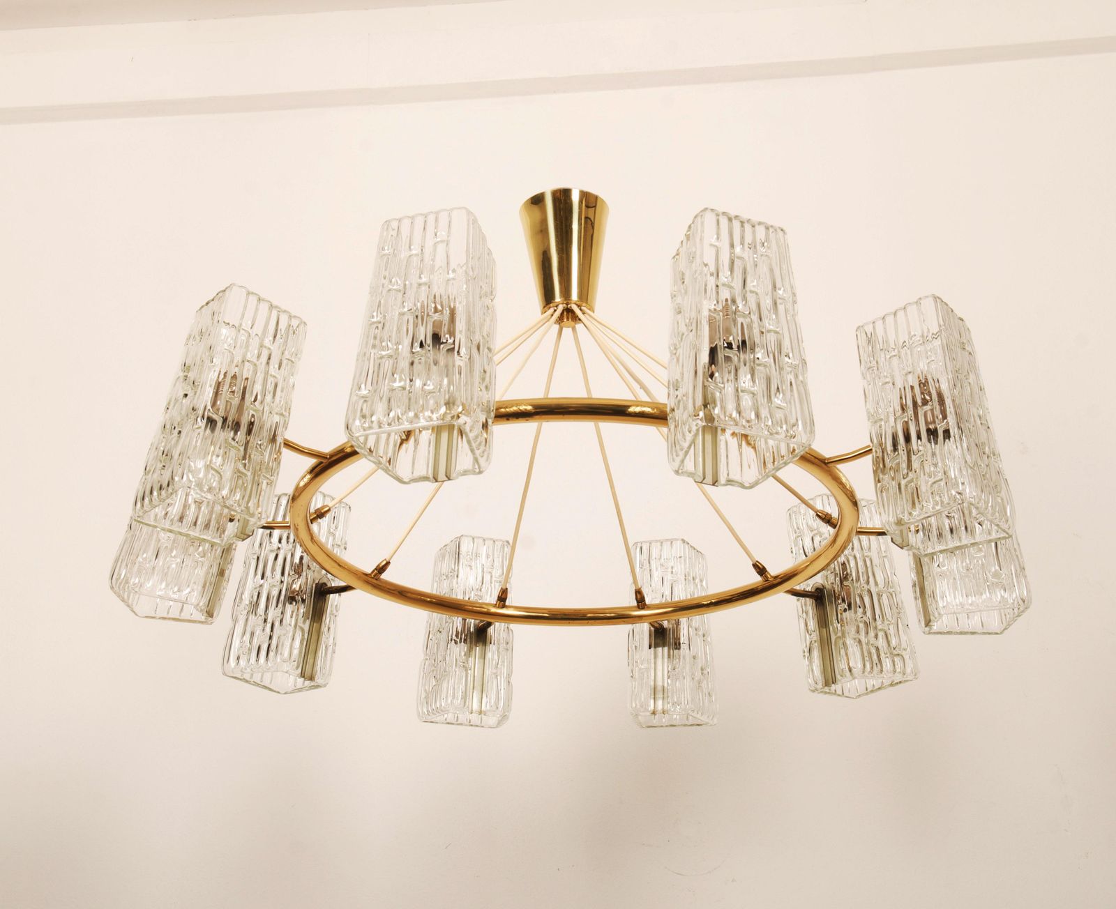 Huge Midcentury Brass Chandelier With Pressed Glass Shades By Rupert Nikoll photo furniture
