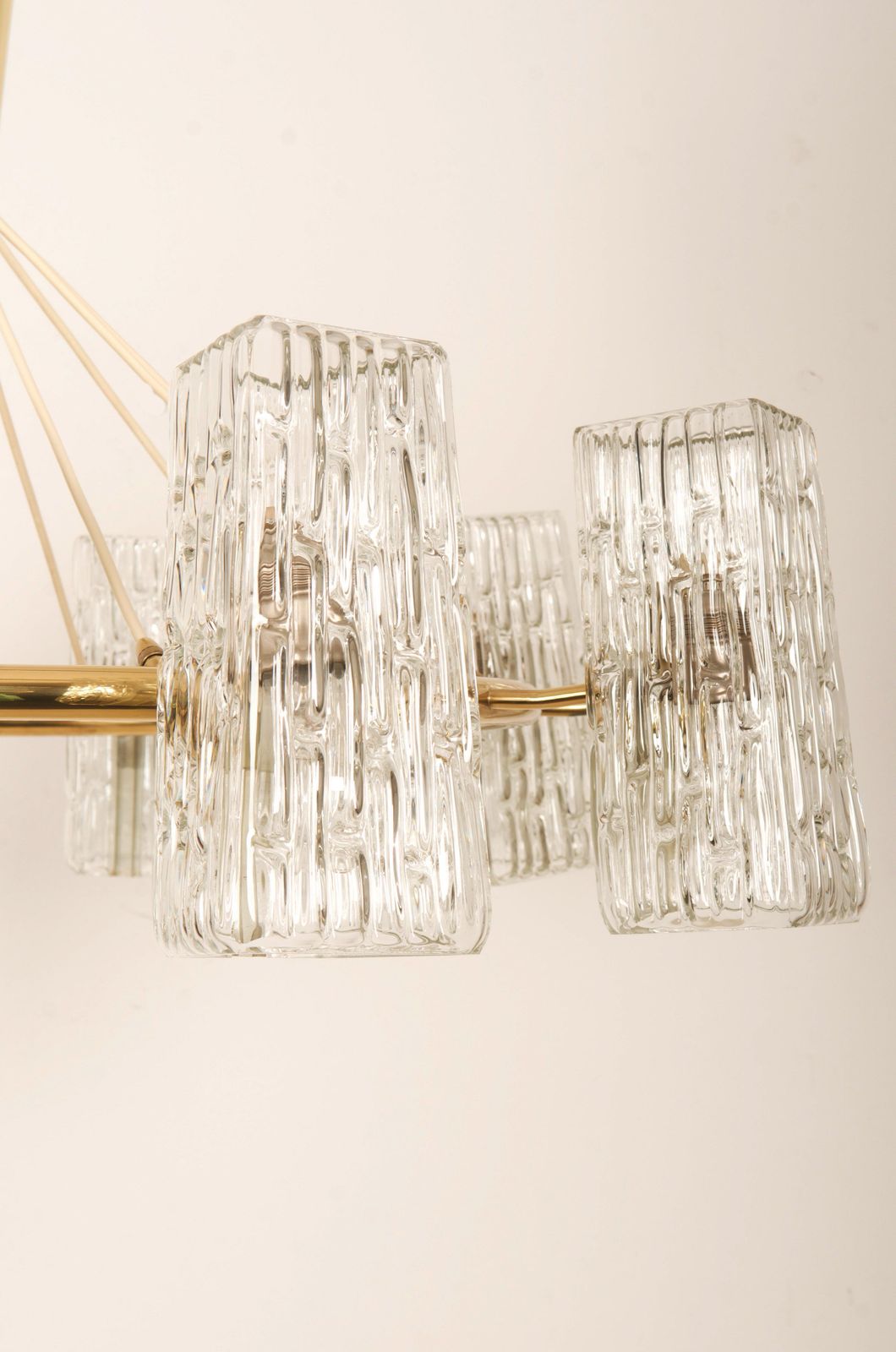 Huge Midcentury Brass Chandelier With Pressed Glass Shades By Rupert Nikoll photo Lighting