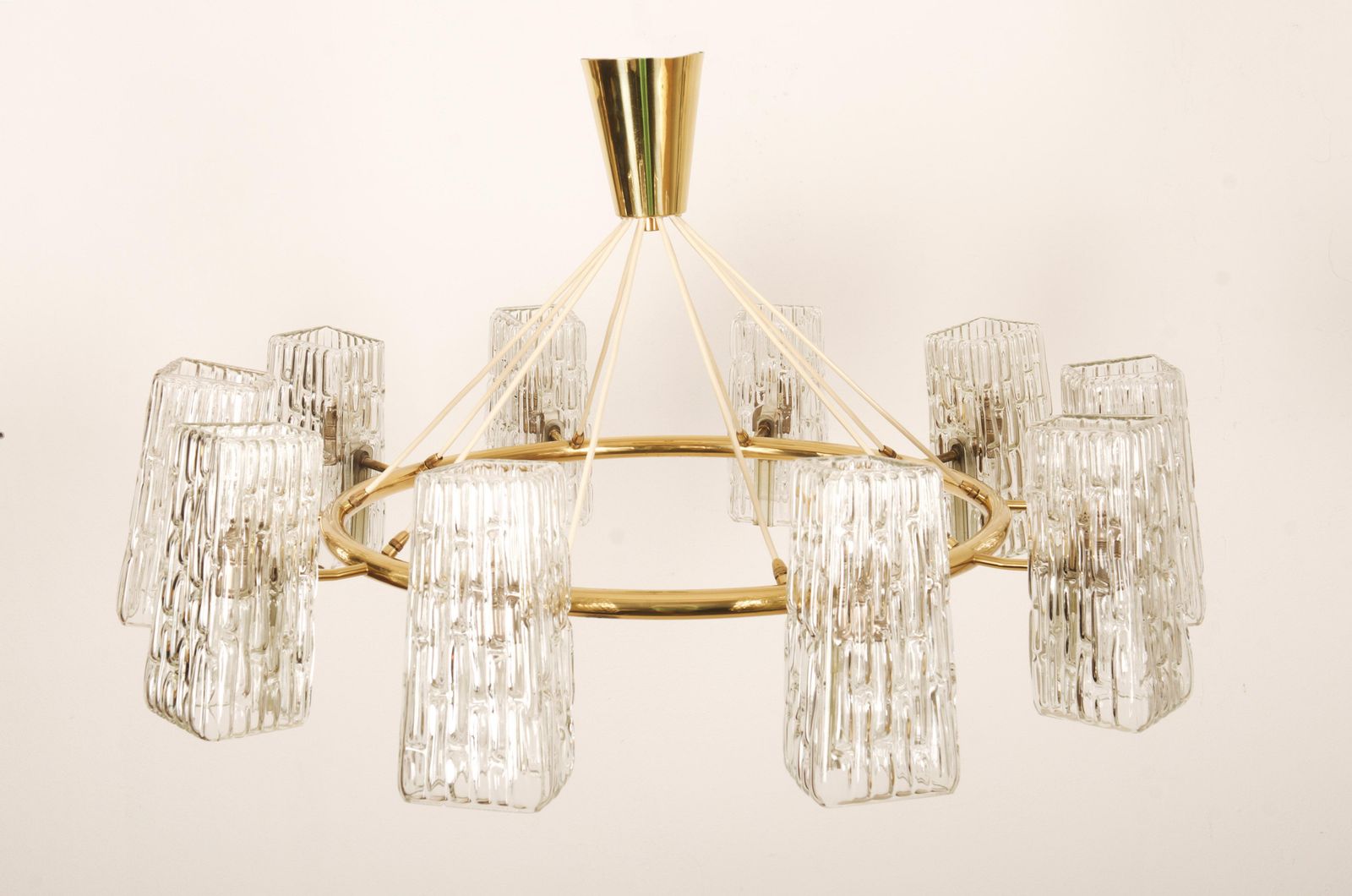 photo vintage Huge Midcentury Brass Chandelier With Pressed Glass Shades By Rupert Nikoll