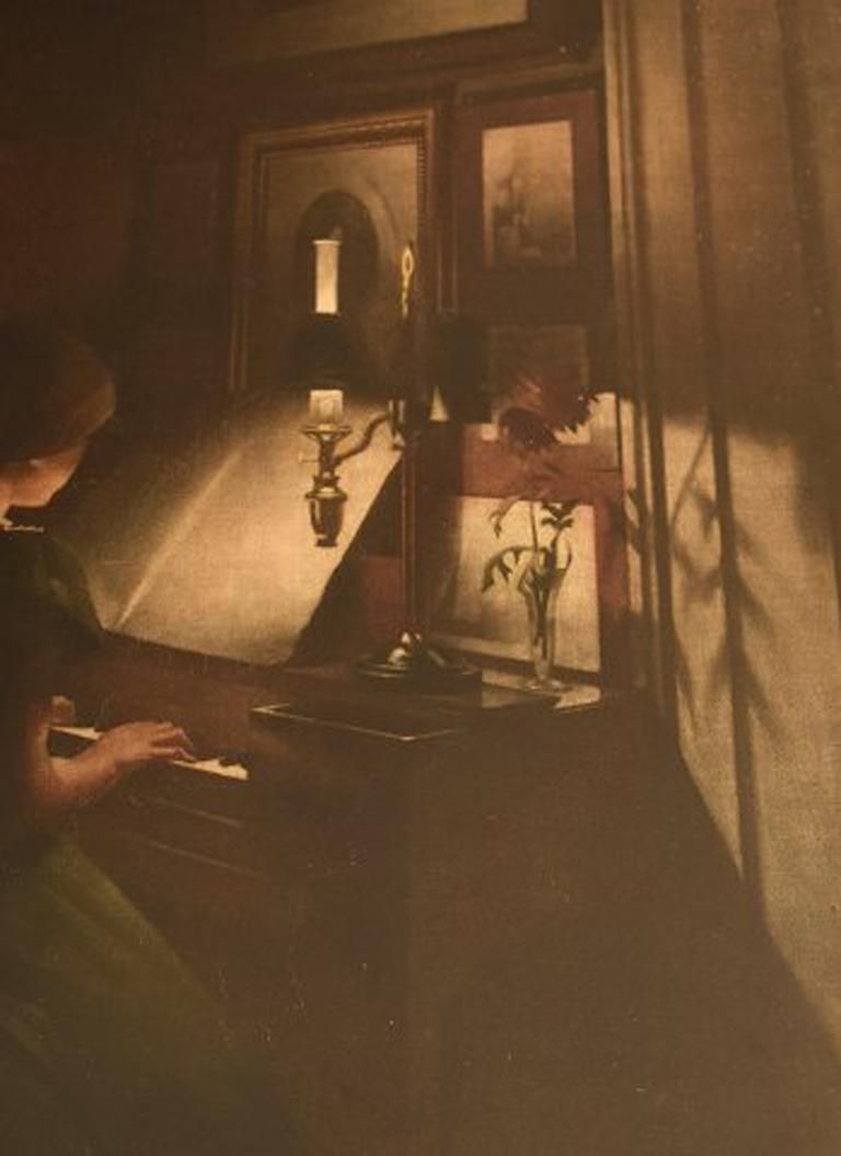 Peter Ilsted Interior With Two Girls At The Piano, Mezzotint In Colors photo for sale