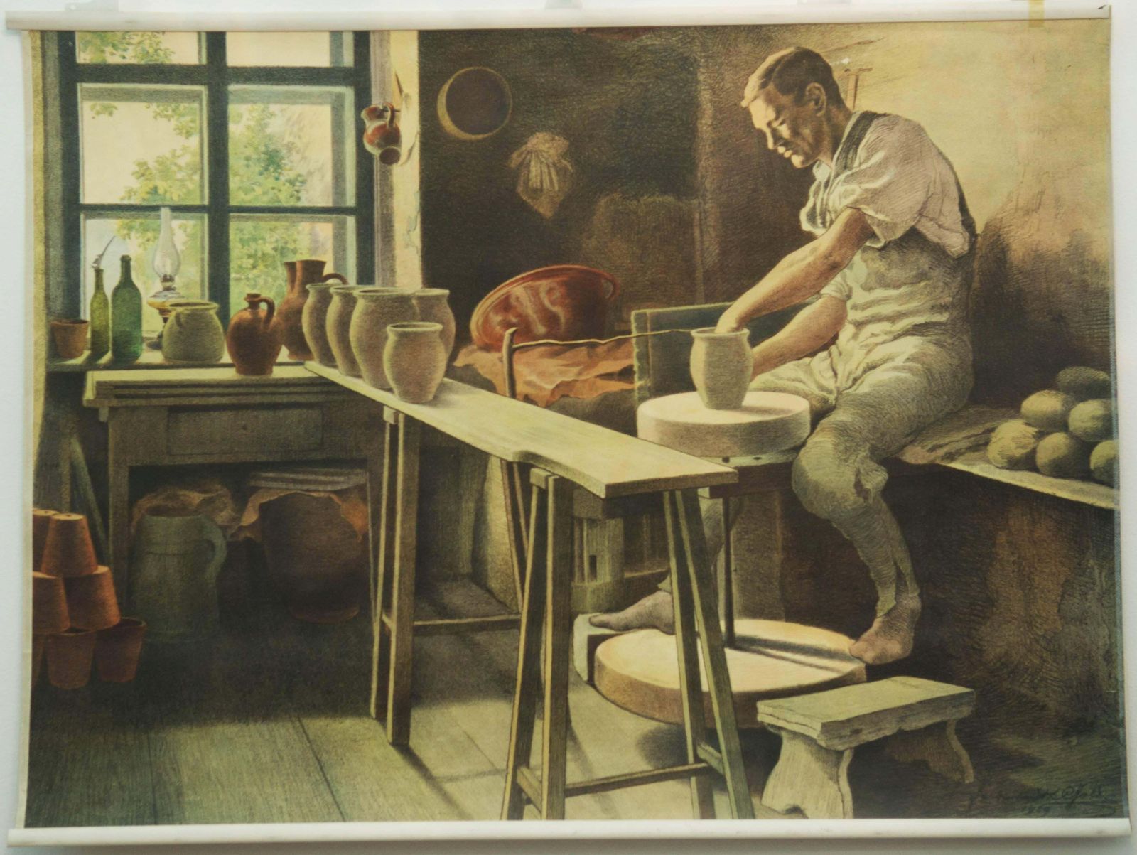 Signed School Chart, Poster "Pottery" photo for sale