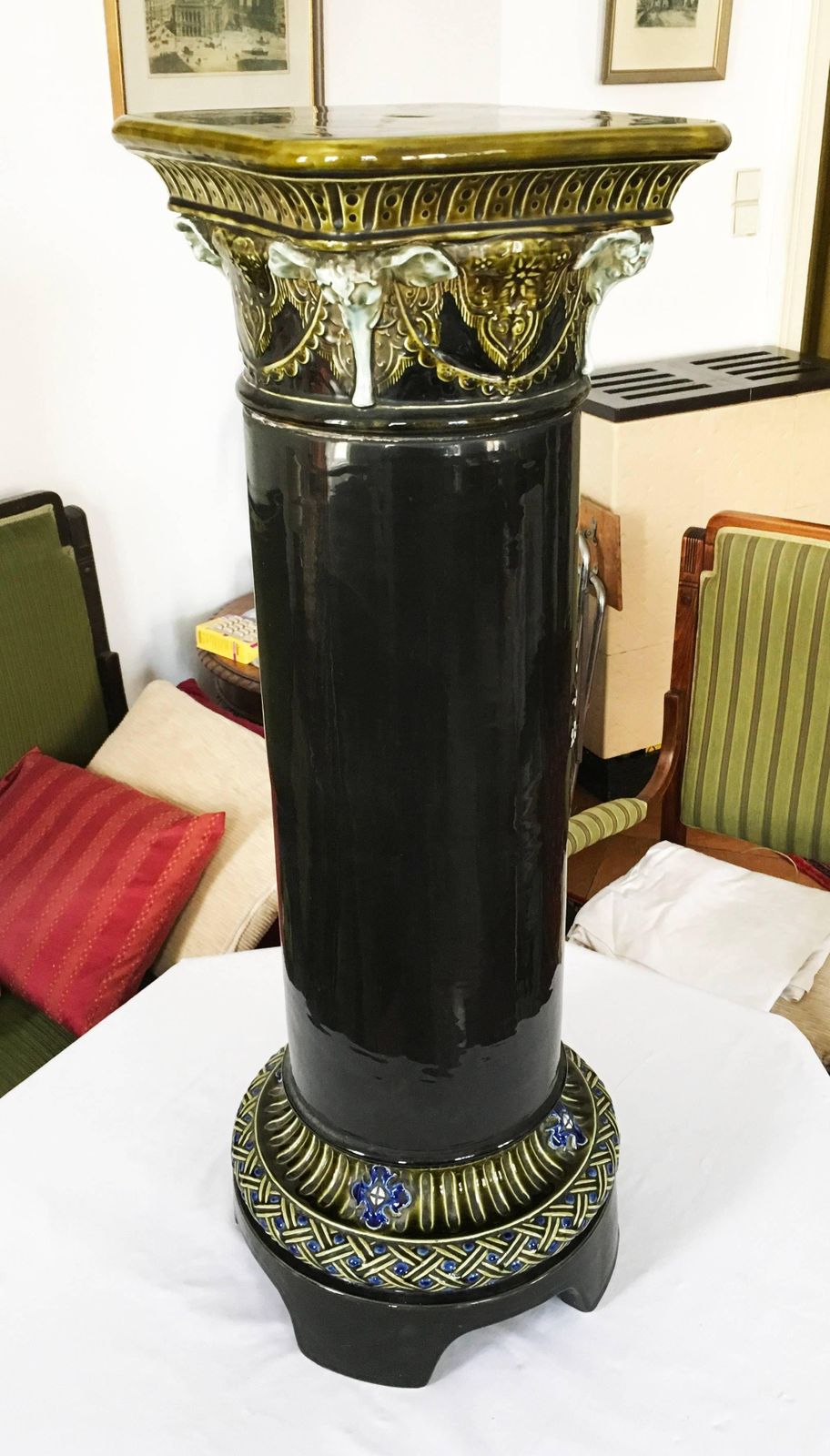 Huge Ceramic Column Flower Stand With Asian Motifs photo vintage