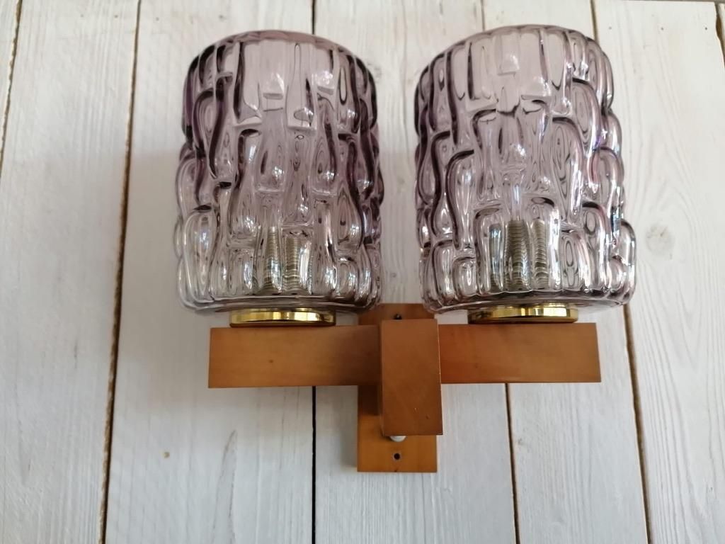 Wall Lamp Teak And Violet Glass By Rupert Nikoll photo for sale