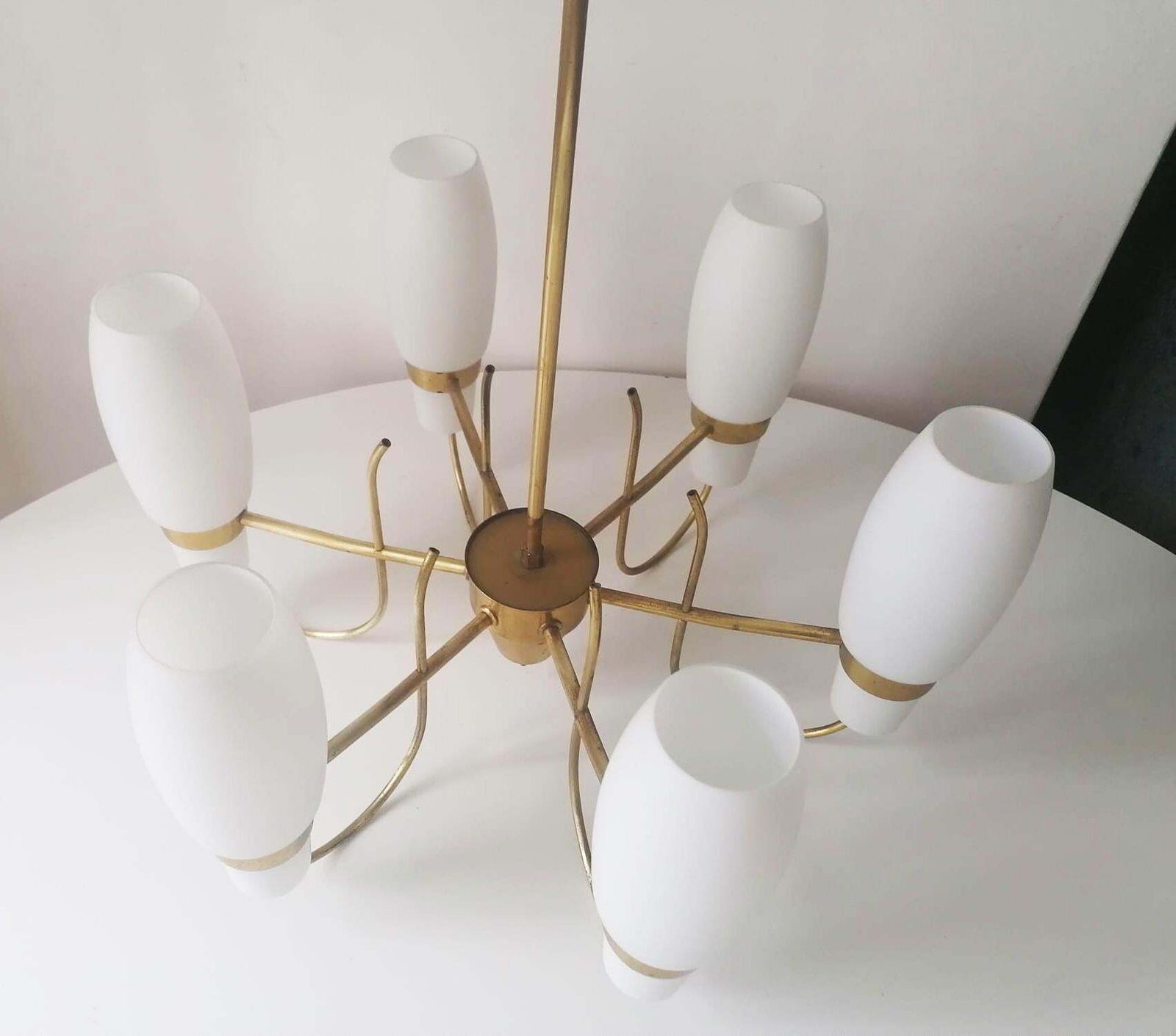 Brass And Opaline Glass Chandelier By Rupert Nikoll photo Lighting