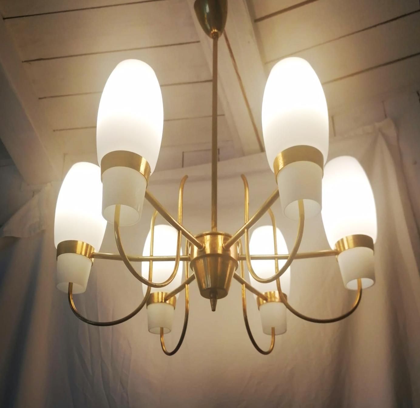 Brass And Opaline Glass Chandelier By Rupert Nikoll photo vintage