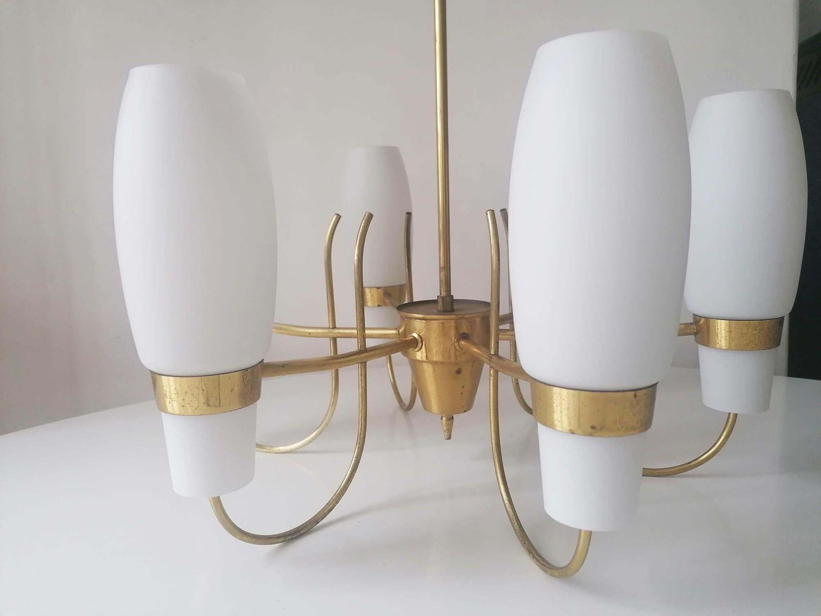 2302.0 Brass And Opaline Glass Chandelier By Rupert Nikoll photo