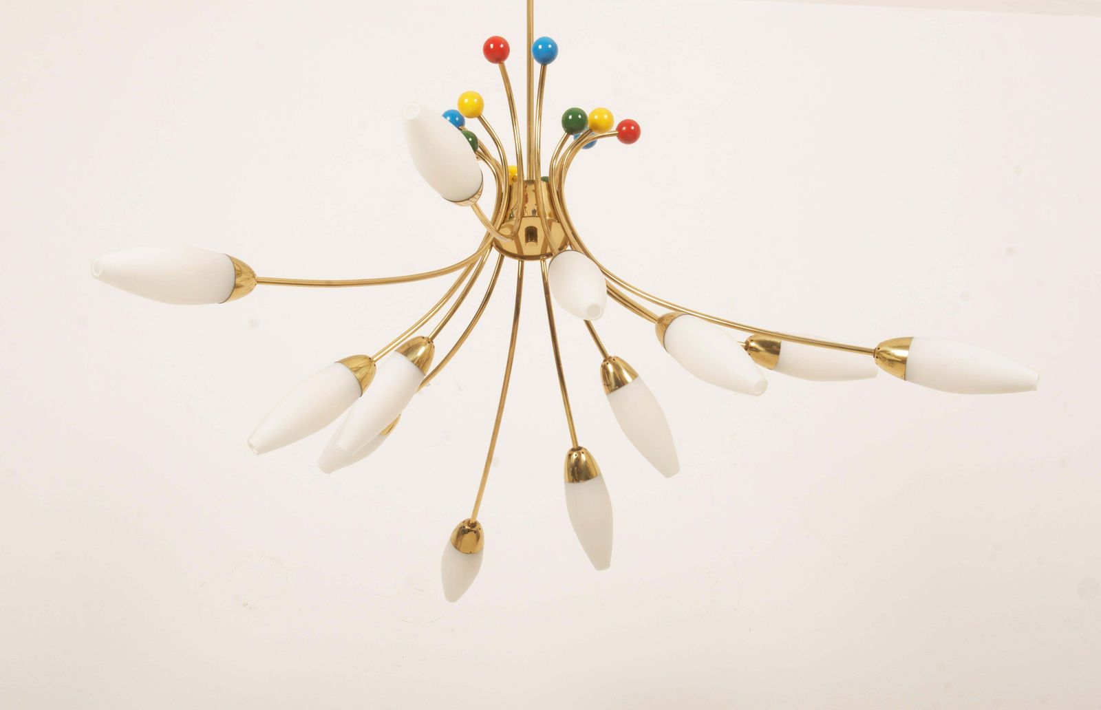 Midcentury Brass Opaline Glass Chandelier By Rupert Nikoll photo Lighting