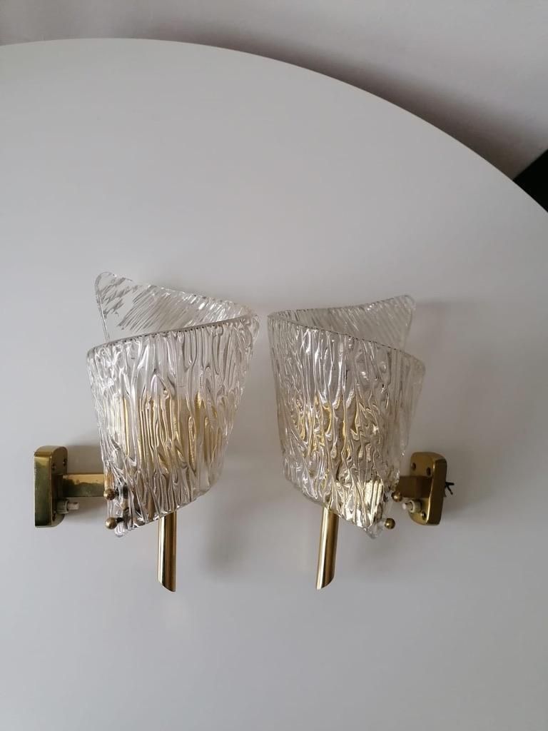 Lighting Pair Of Mid Century Structured Glass Wall Lamps Sconces By J. T. Kalmar photo