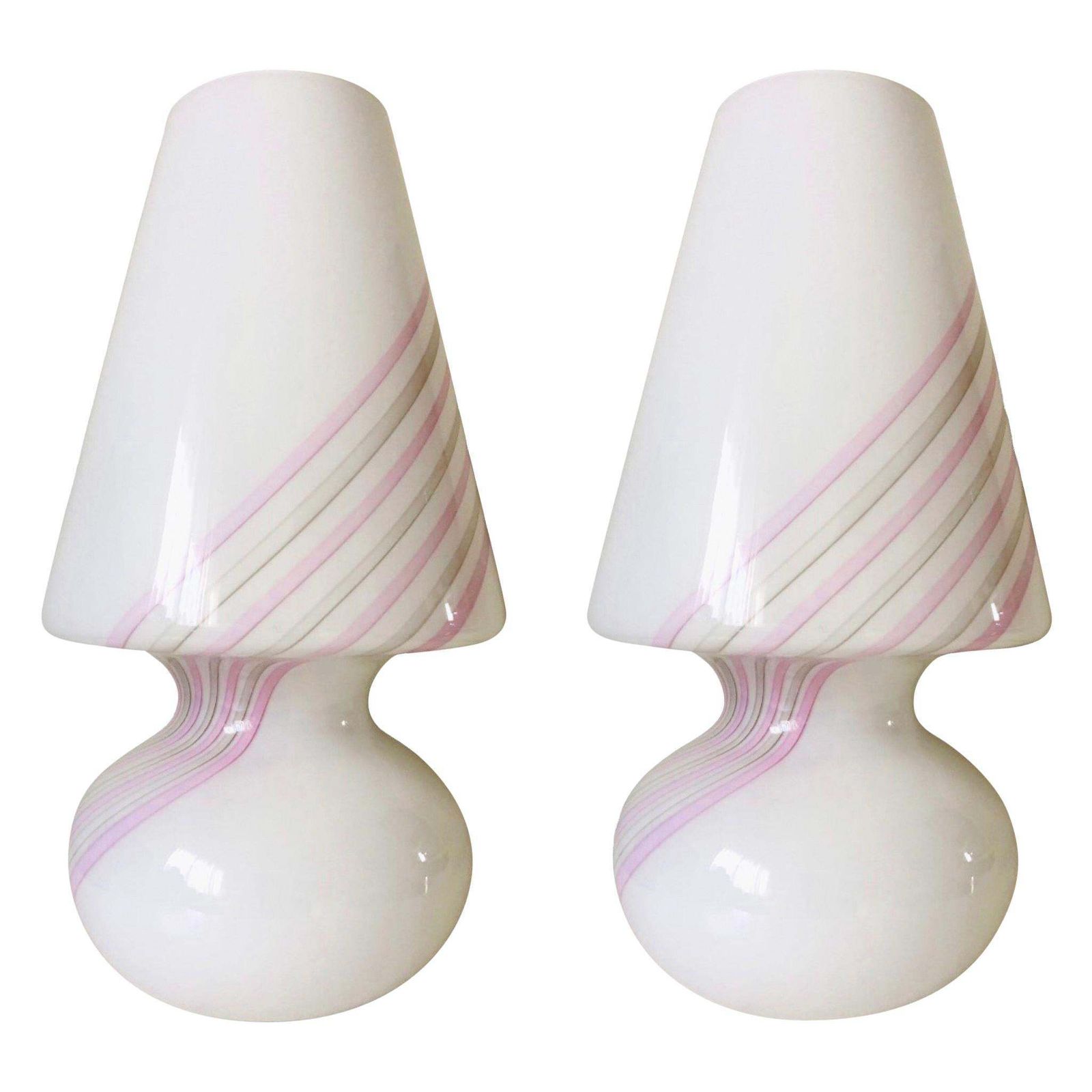 Italian Pair Of Midcentury White Barbie Pink Murano Italian Table Lamps, 1980s