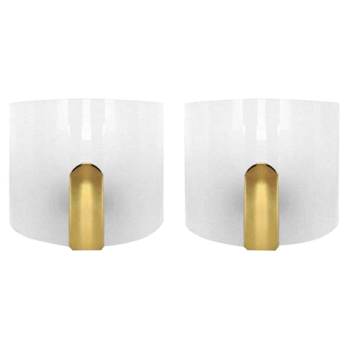 Pair Of Postmodern Lucite Brass Wall Lights By Metalarte, 1980s